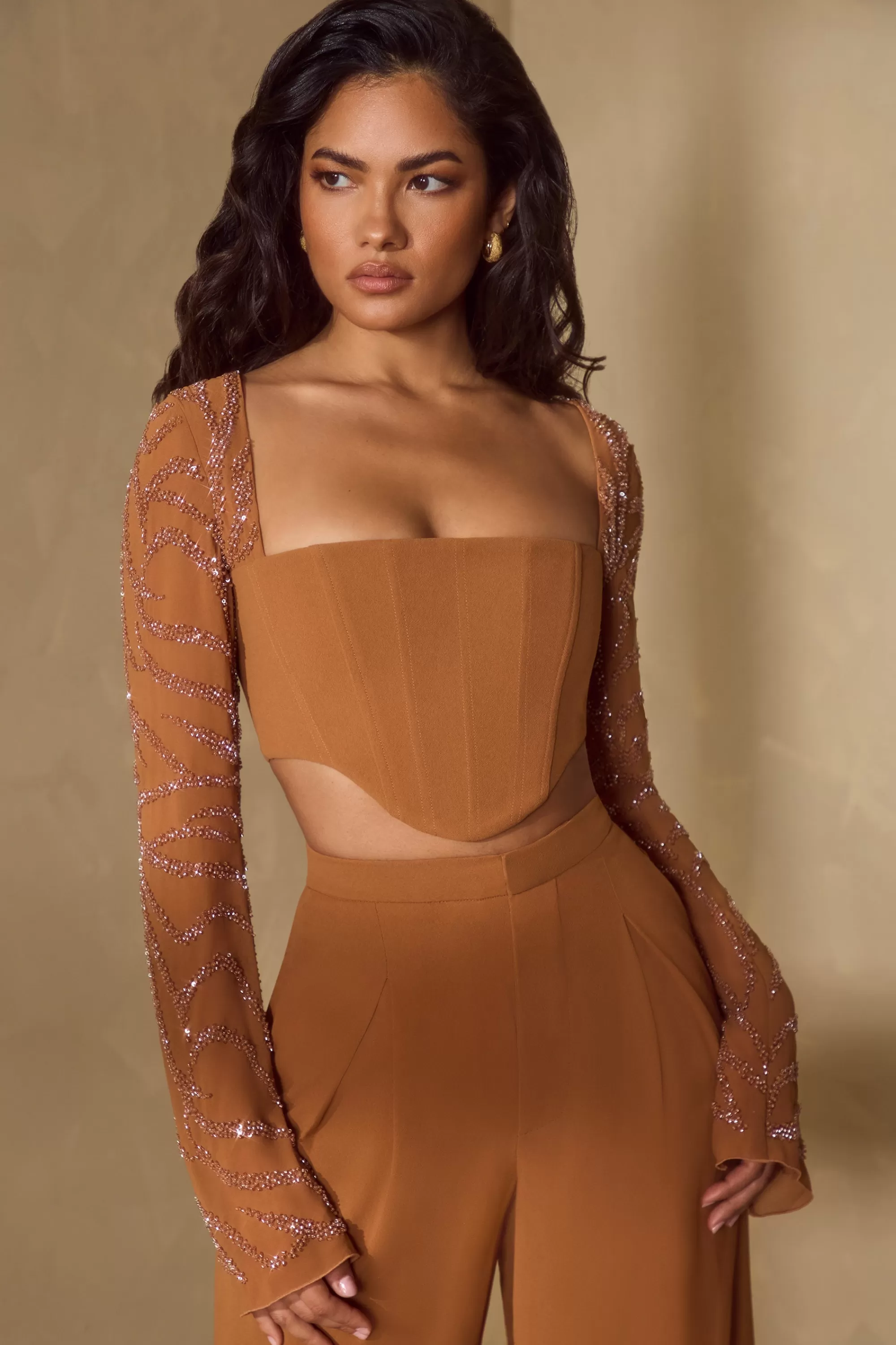 Oh Polly Embellished Sleeve Corset Crop Top in Caramel Best Sale