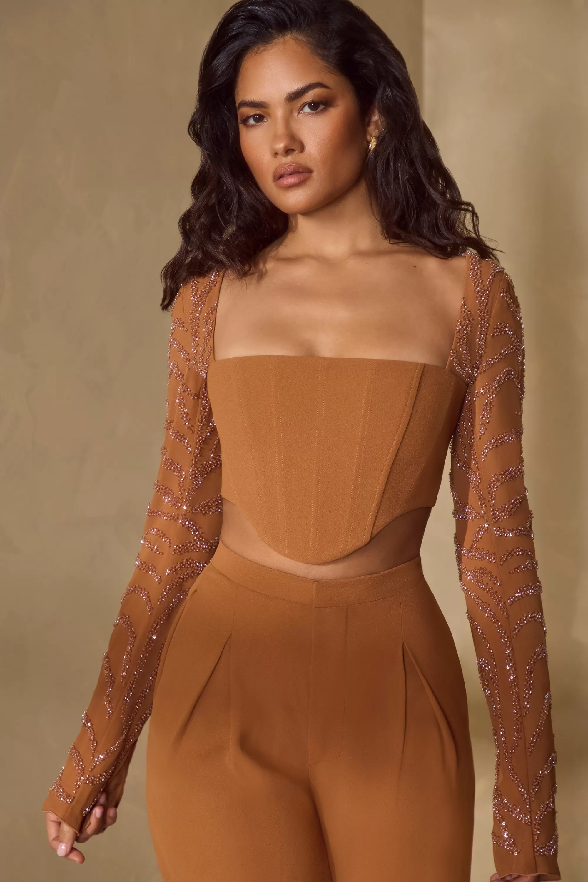 Oh Polly Embellished Sleeve Corset Crop Top in Caramel Best Sale