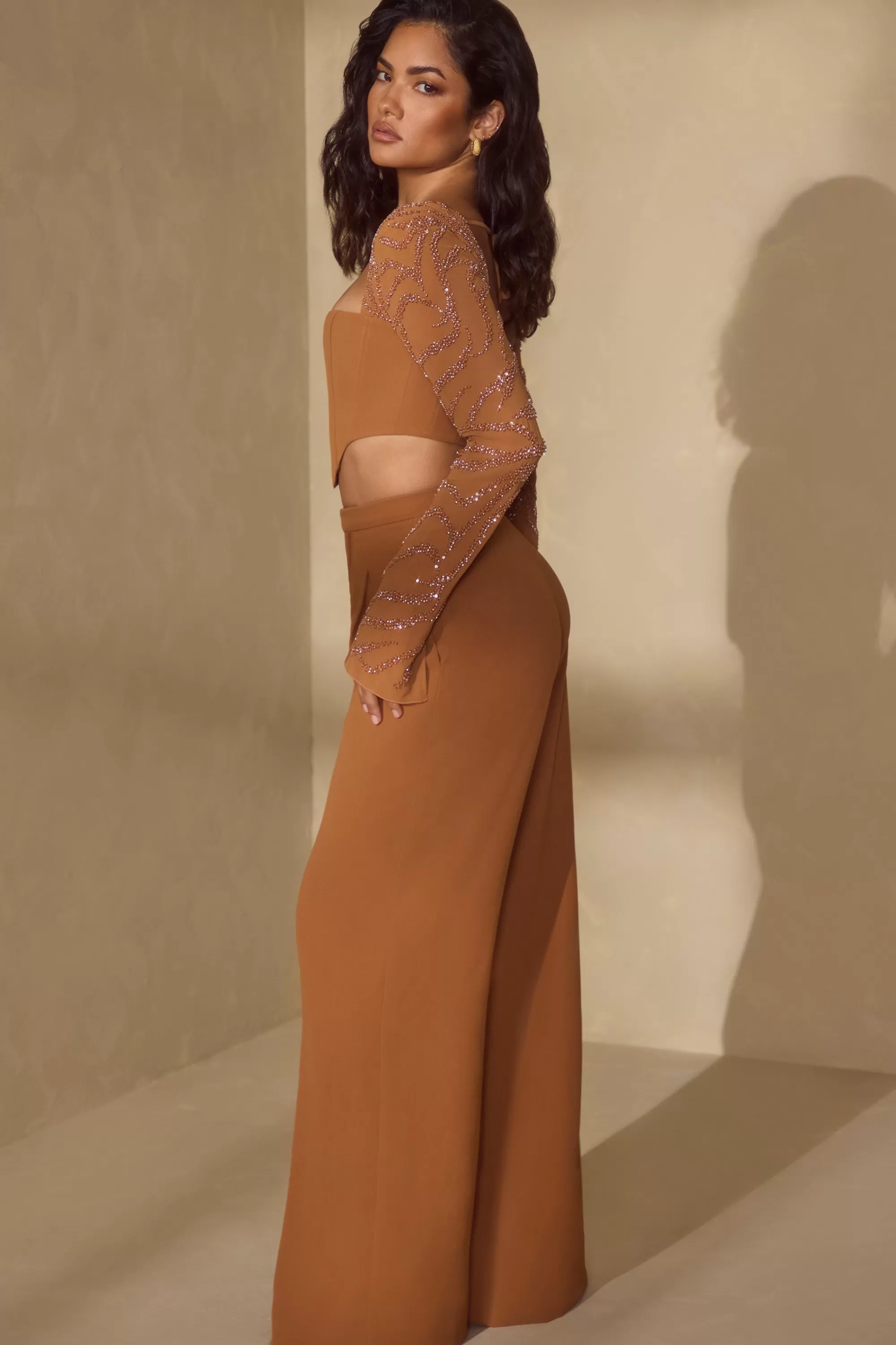 Oh Polly Embellished Sleeve Corset Crop Top in Caramel Best Sale