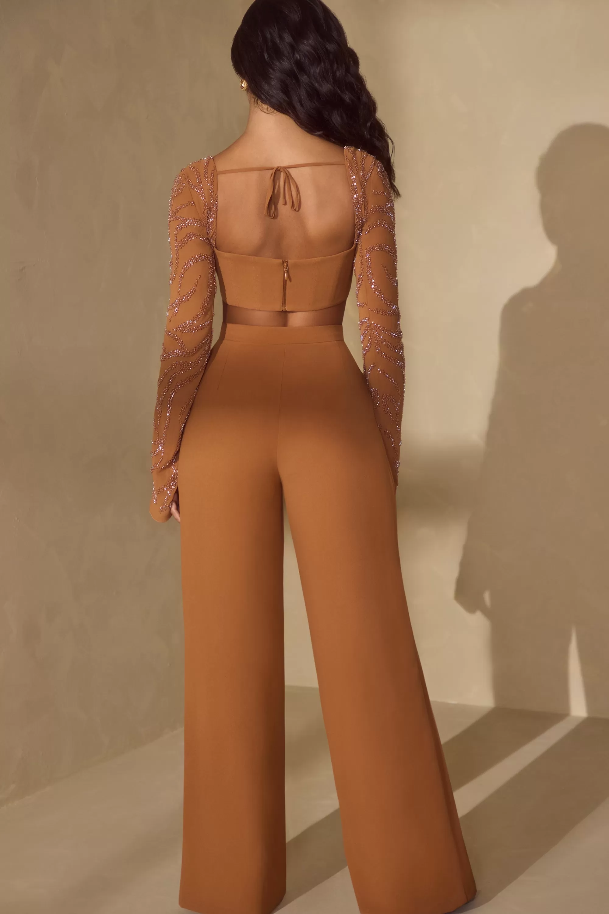 Oh Polly Embellished Sleeve Corset Crop Top in Caramel Best Sale