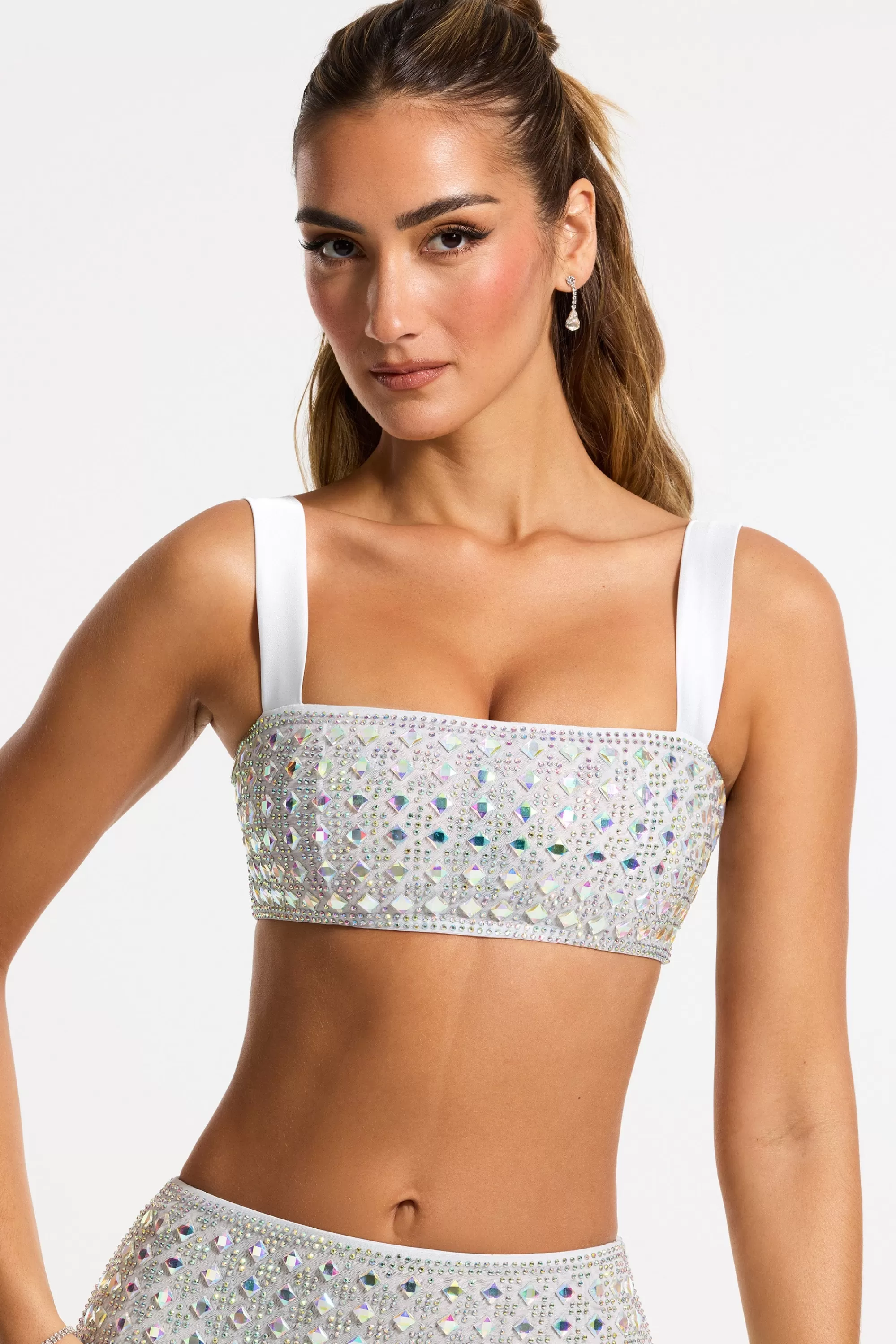 Oh Polly Embellished Square Neck Crop Top in Silver Sale