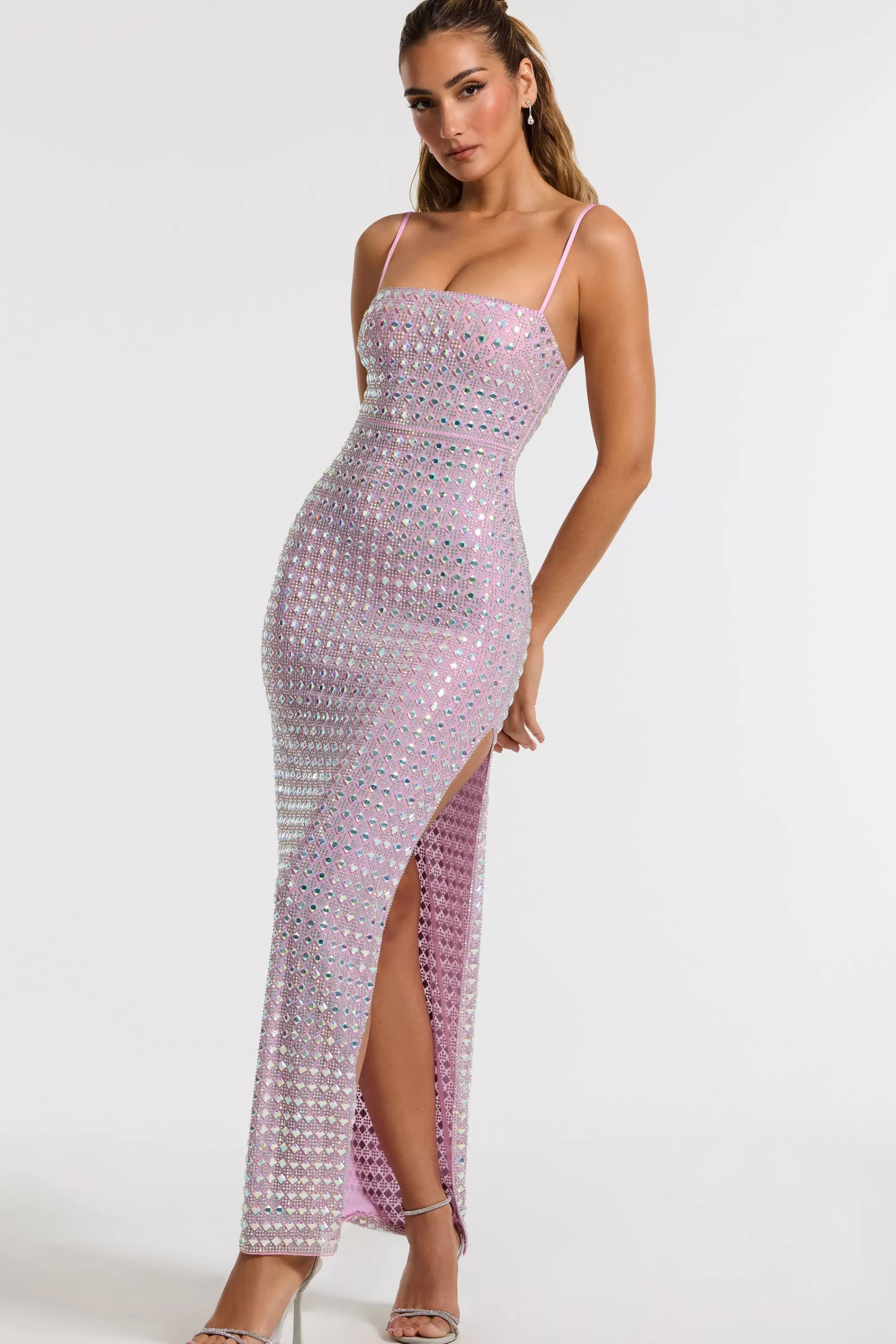 Oh Polly Embellished Square Neck Evening Gown in Lilac Online