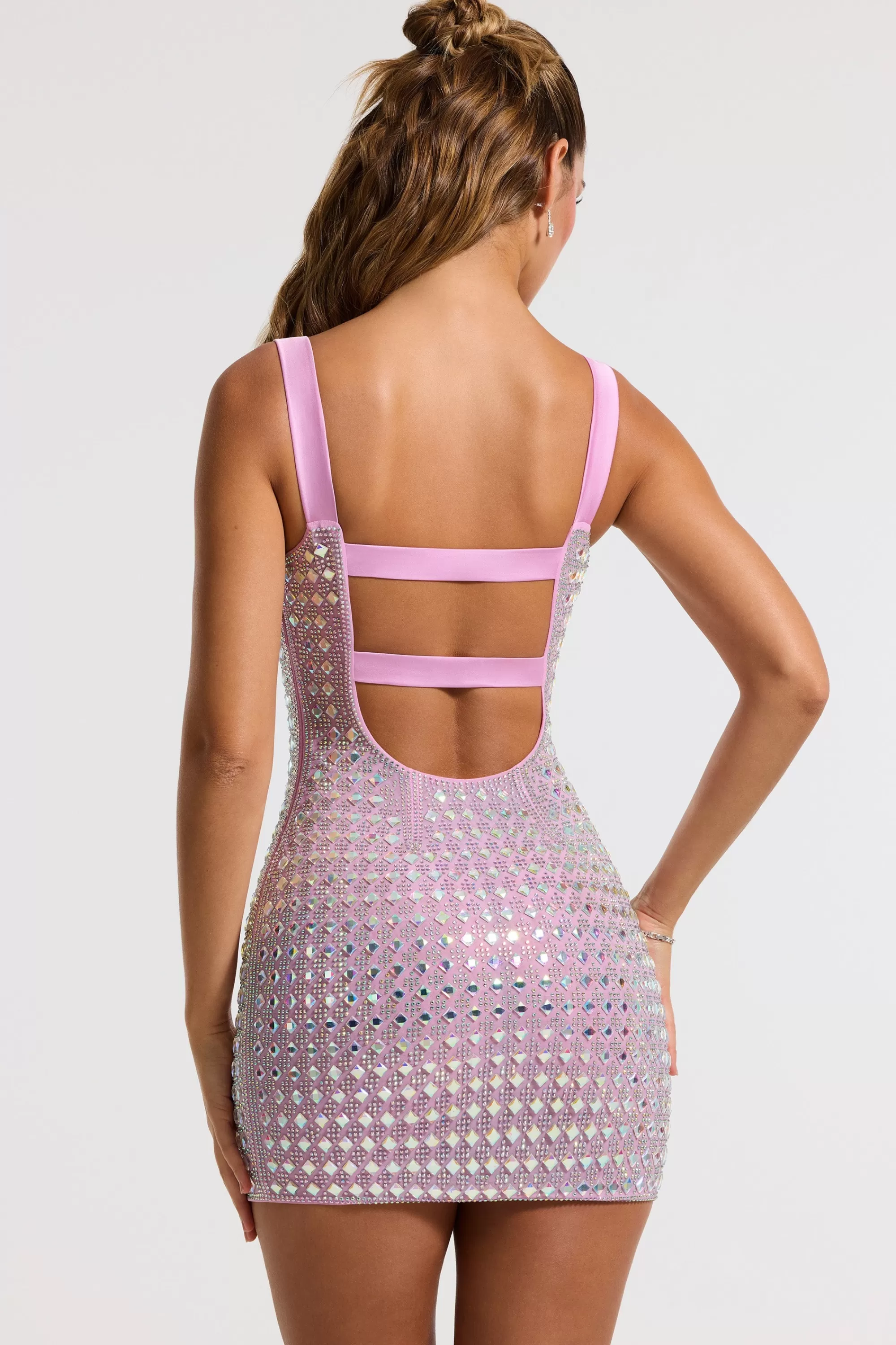 Oh Polly Embellished Square Neck Mini Dress in Lilac Hot