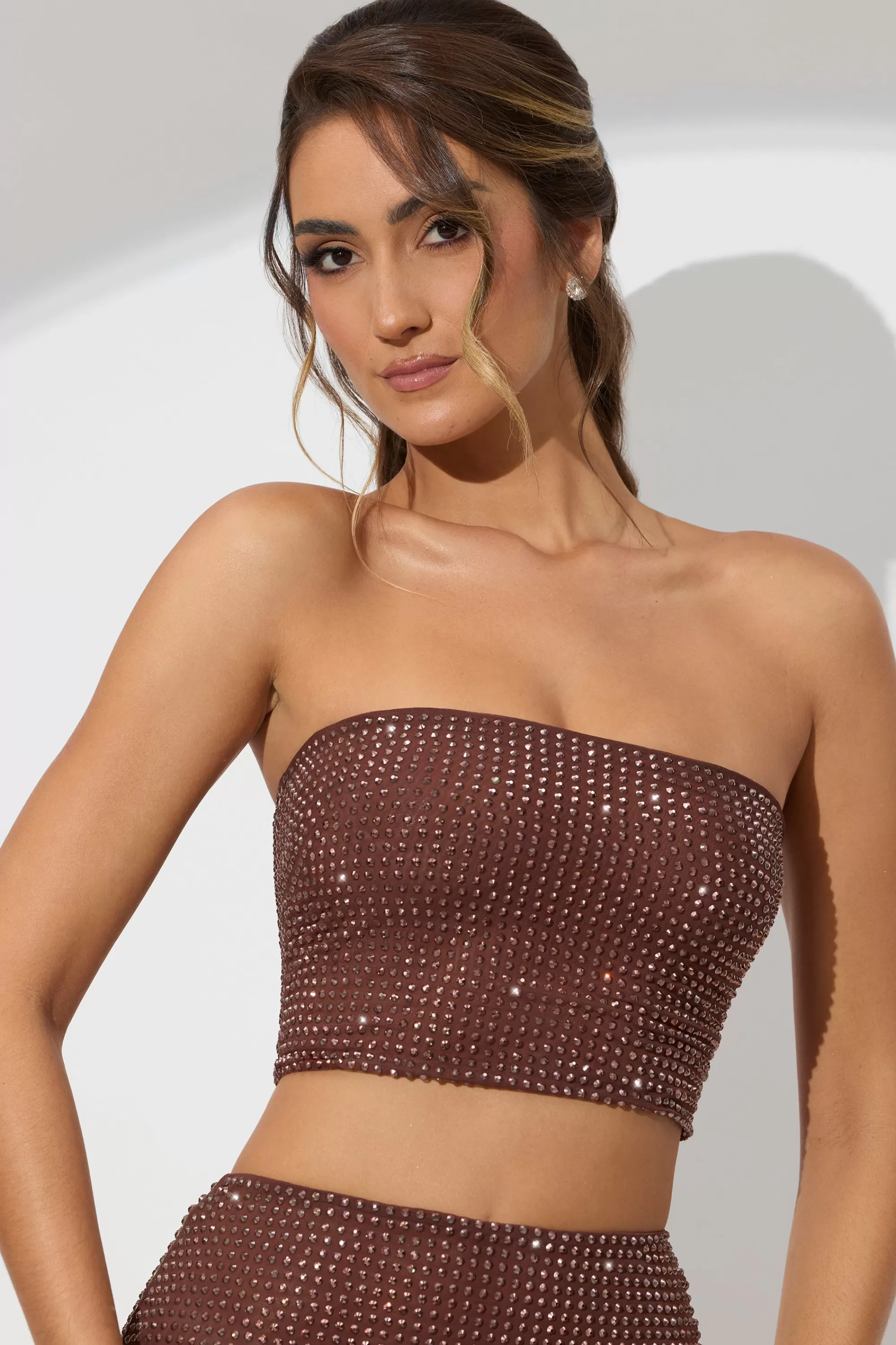 Oh Polly Embellished Strapless Crop Top in Espresso Flash Sale