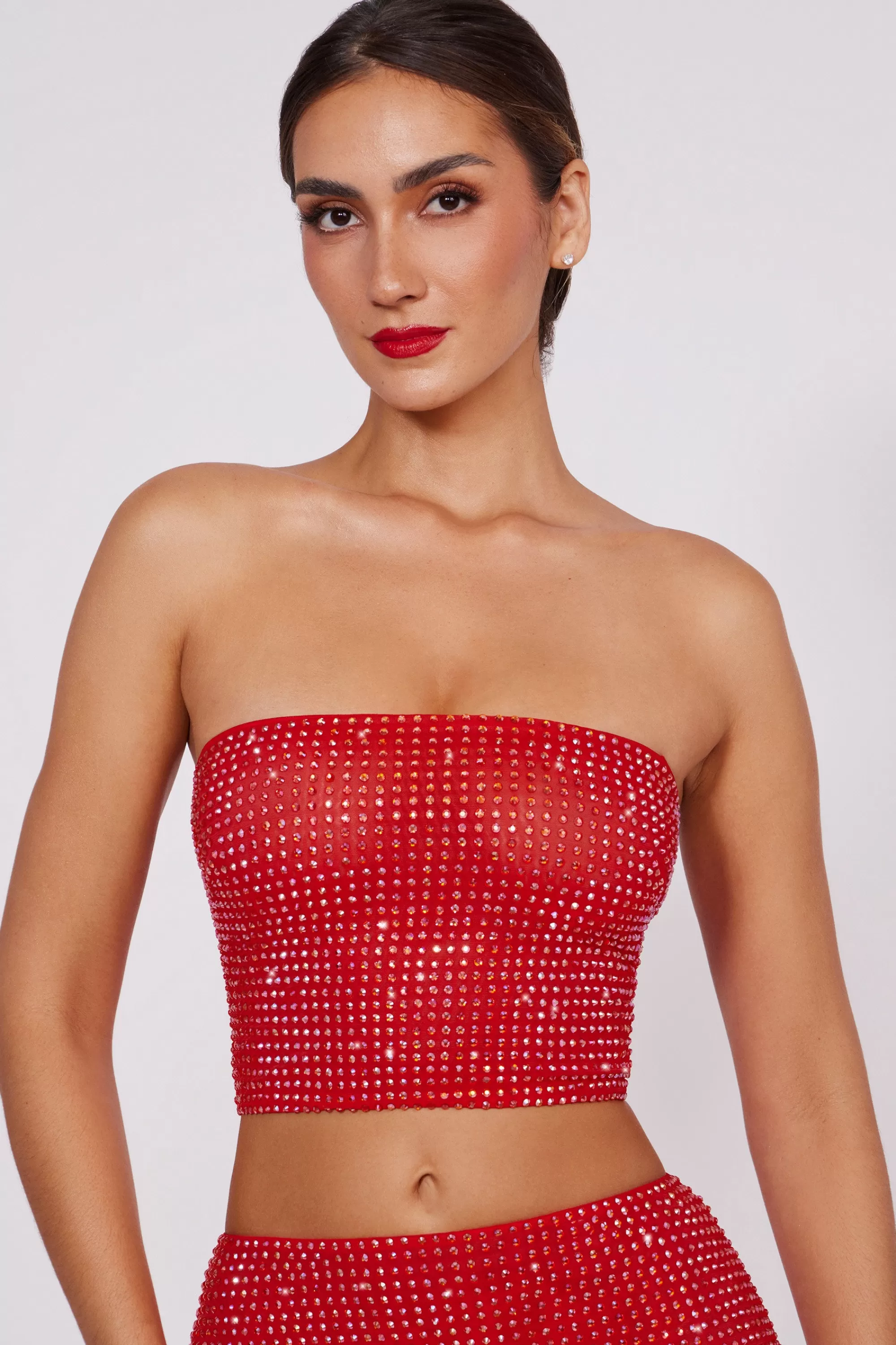 Oh Polly Embellished Strapless Crop Top in Fire Red FireRed Best