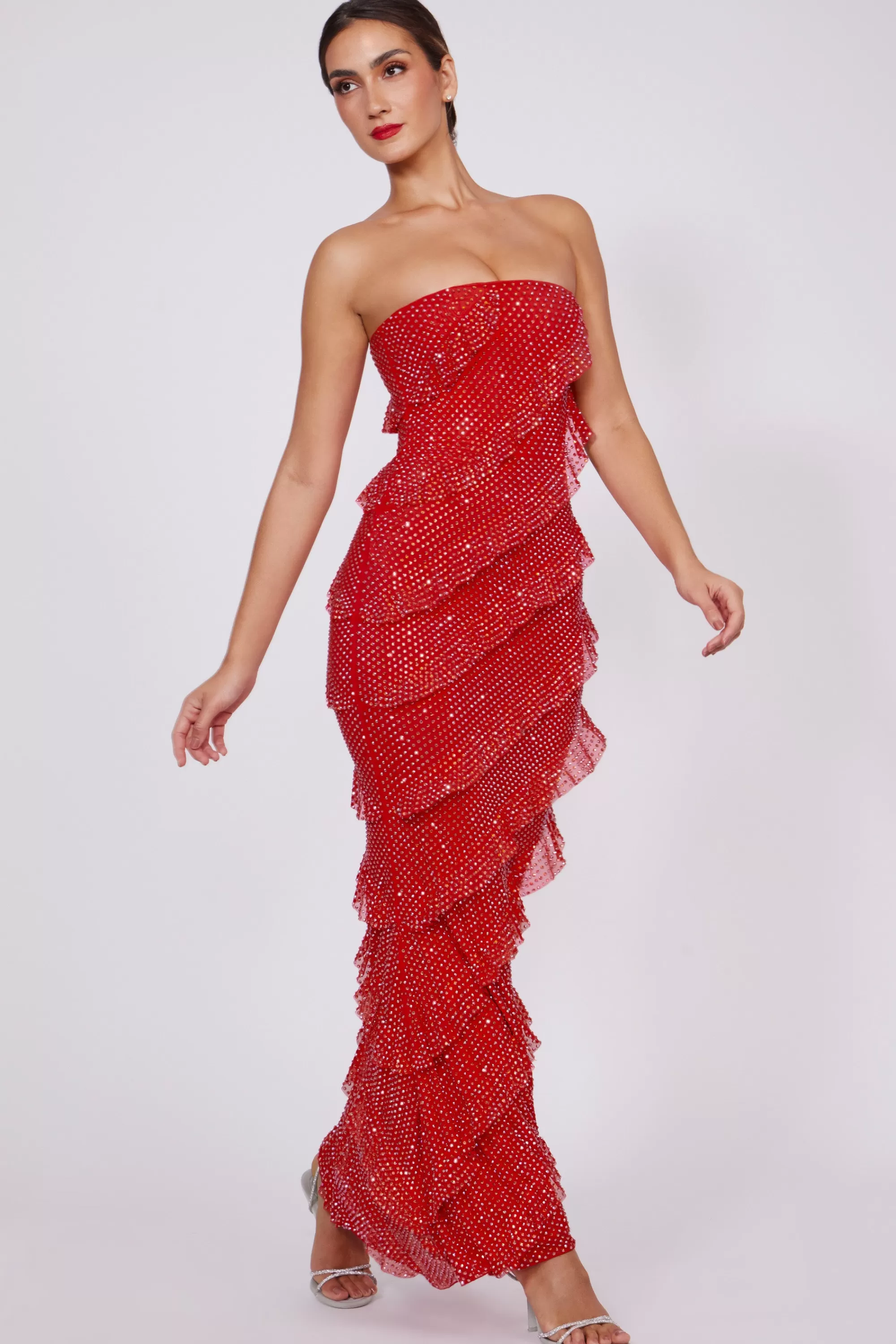 Oh Polly Embellished Strapless Ruffle Maxi Dress in Fire Red FireRed Best Sale