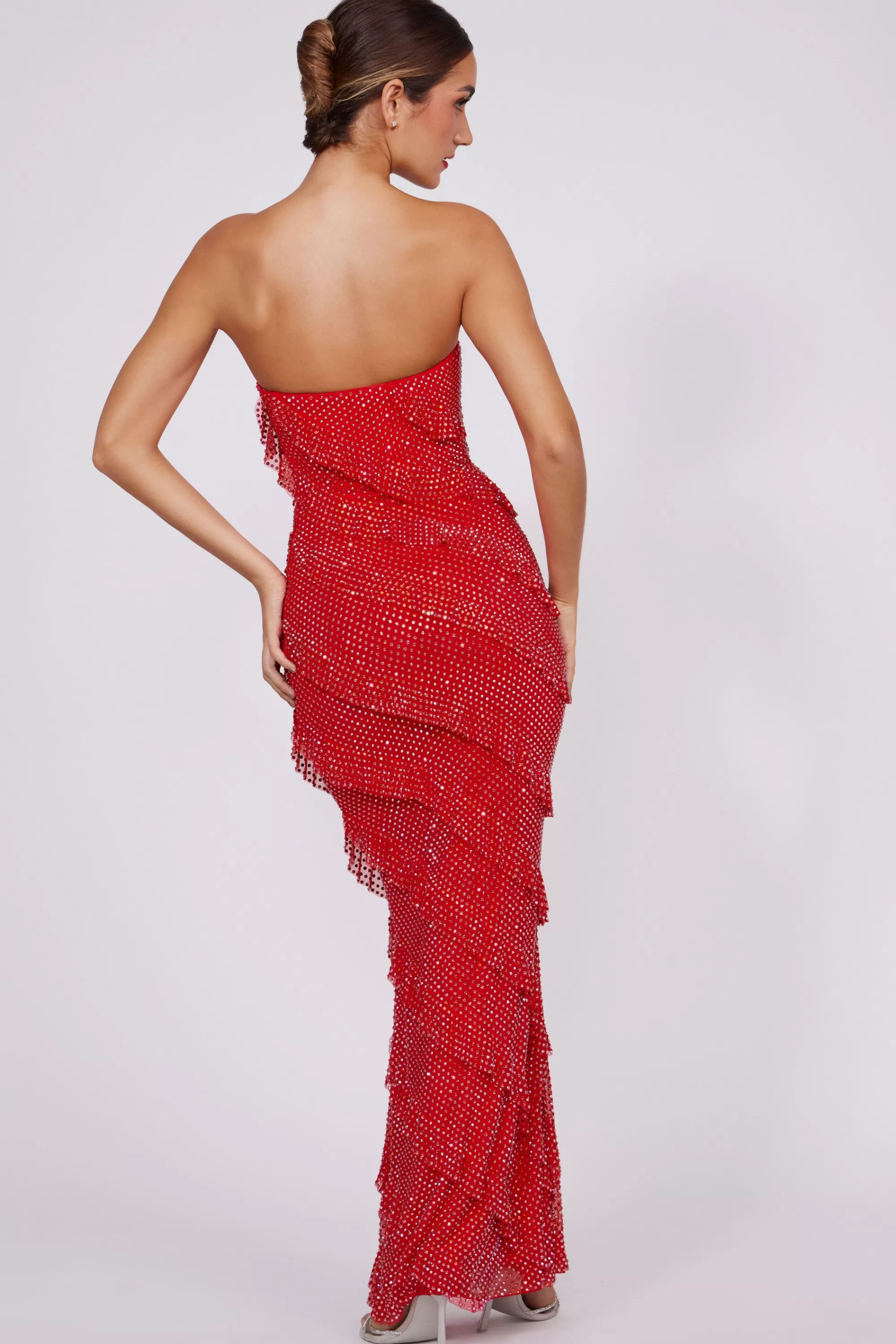 Oh Polly Embellished Strapless Ruffle Maxi Dress in Fire Red FireRed Best Sale