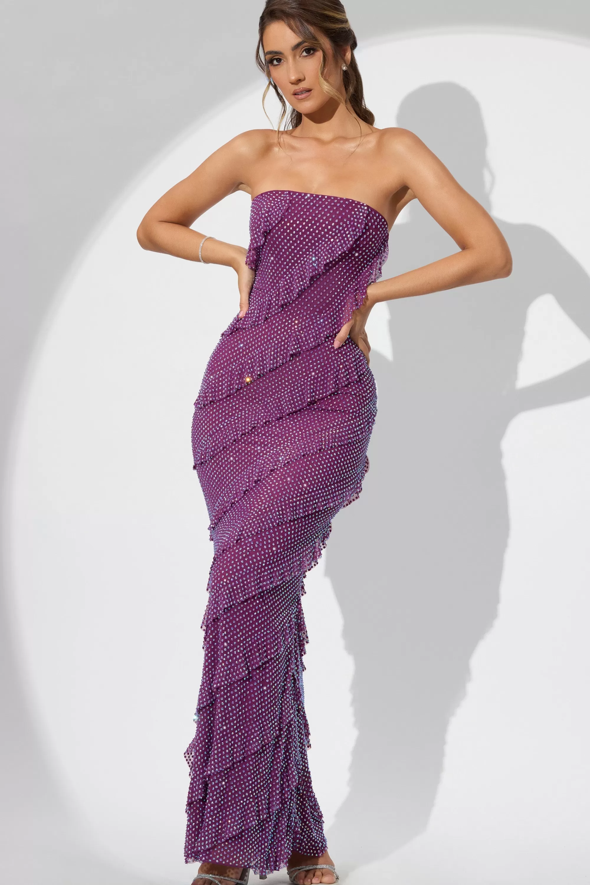 Oh Polly Embellished Strapless Ruffle Maxi Dress in Plum Online