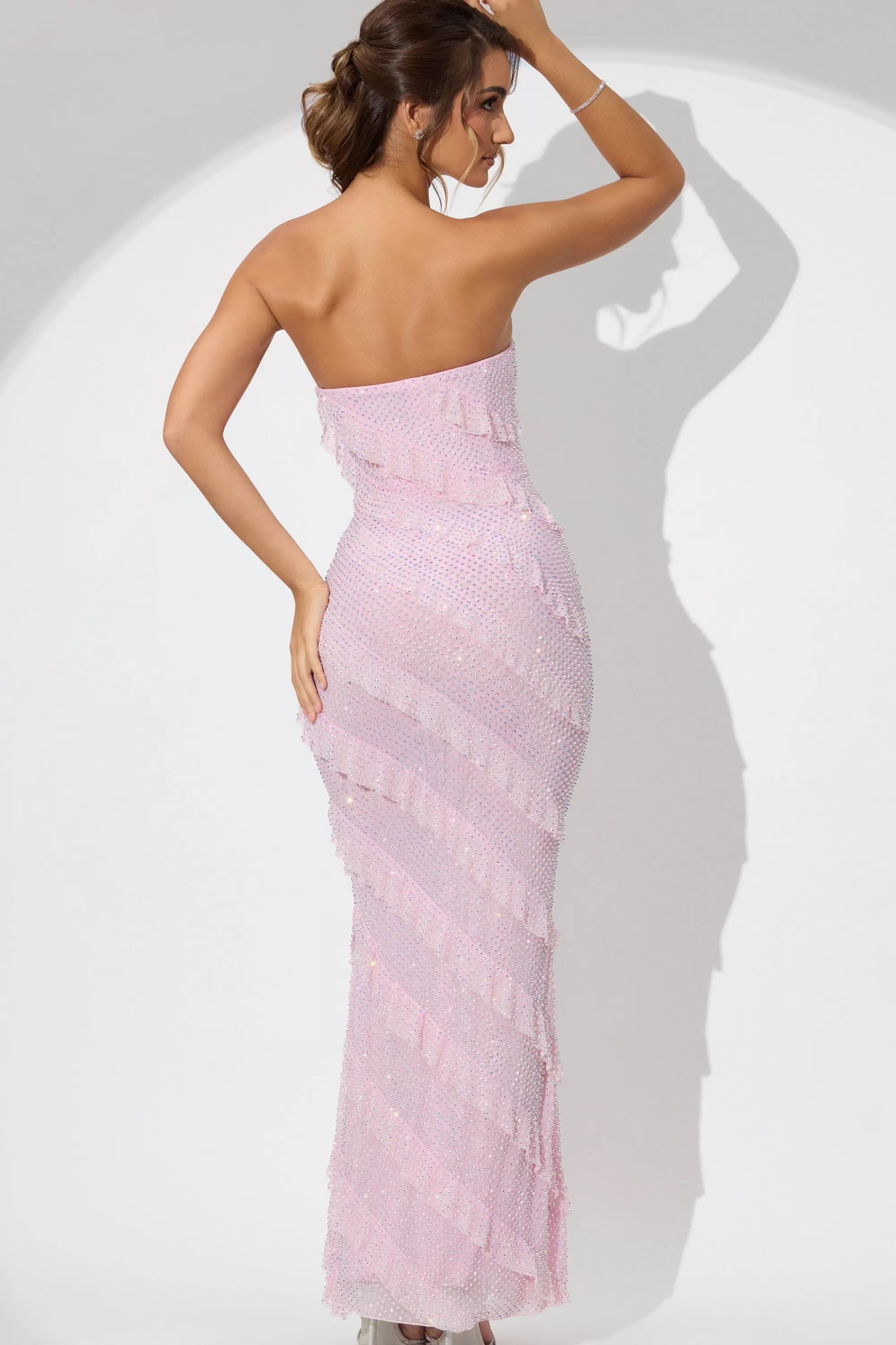 Oh Polly Embellished Strapless Ruffle Maxi Dress in Soft Pink SoftPink Store