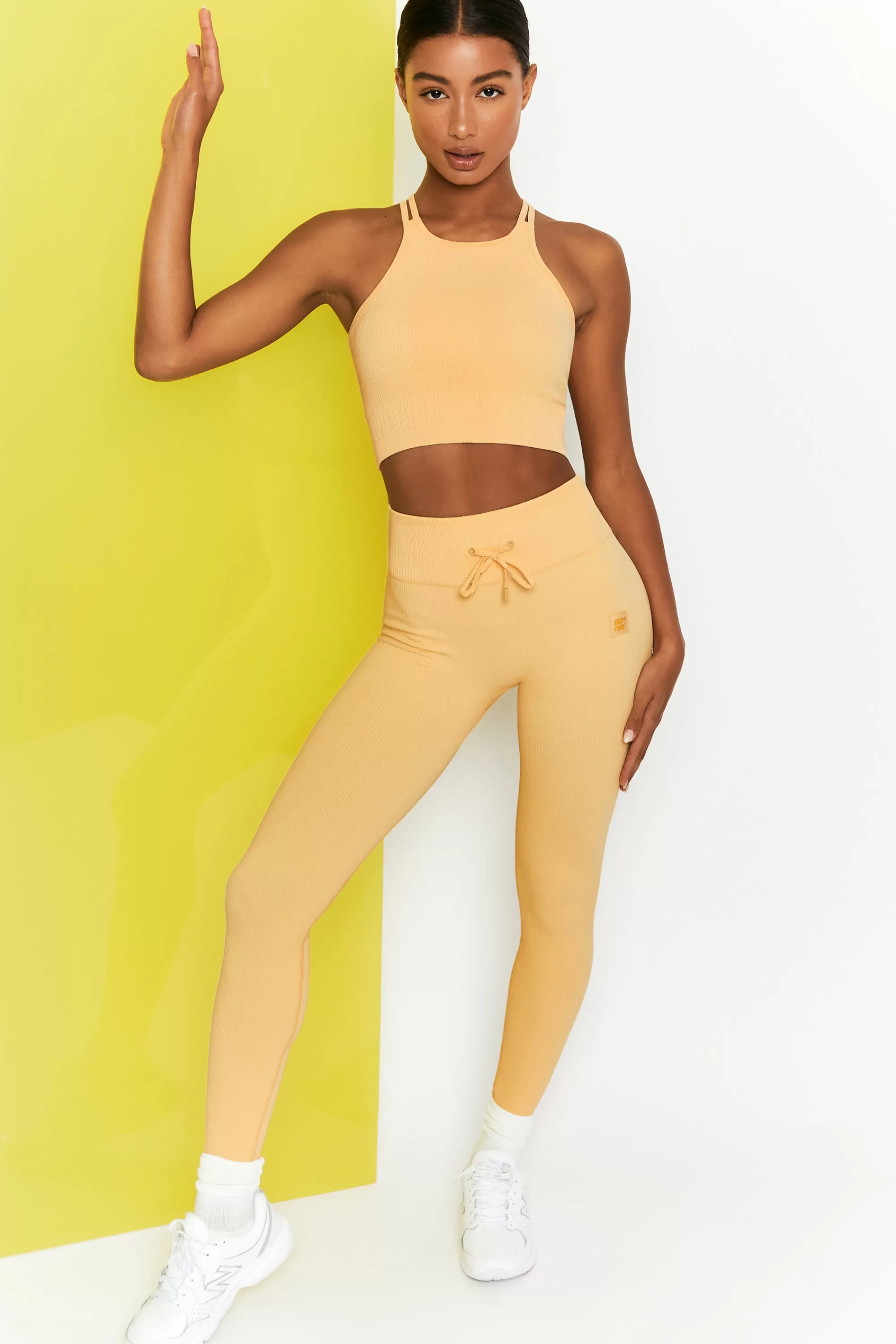 Oh Polly Energise Petite Ribbed Tie Front Full Length Leggings in Yellow Hot