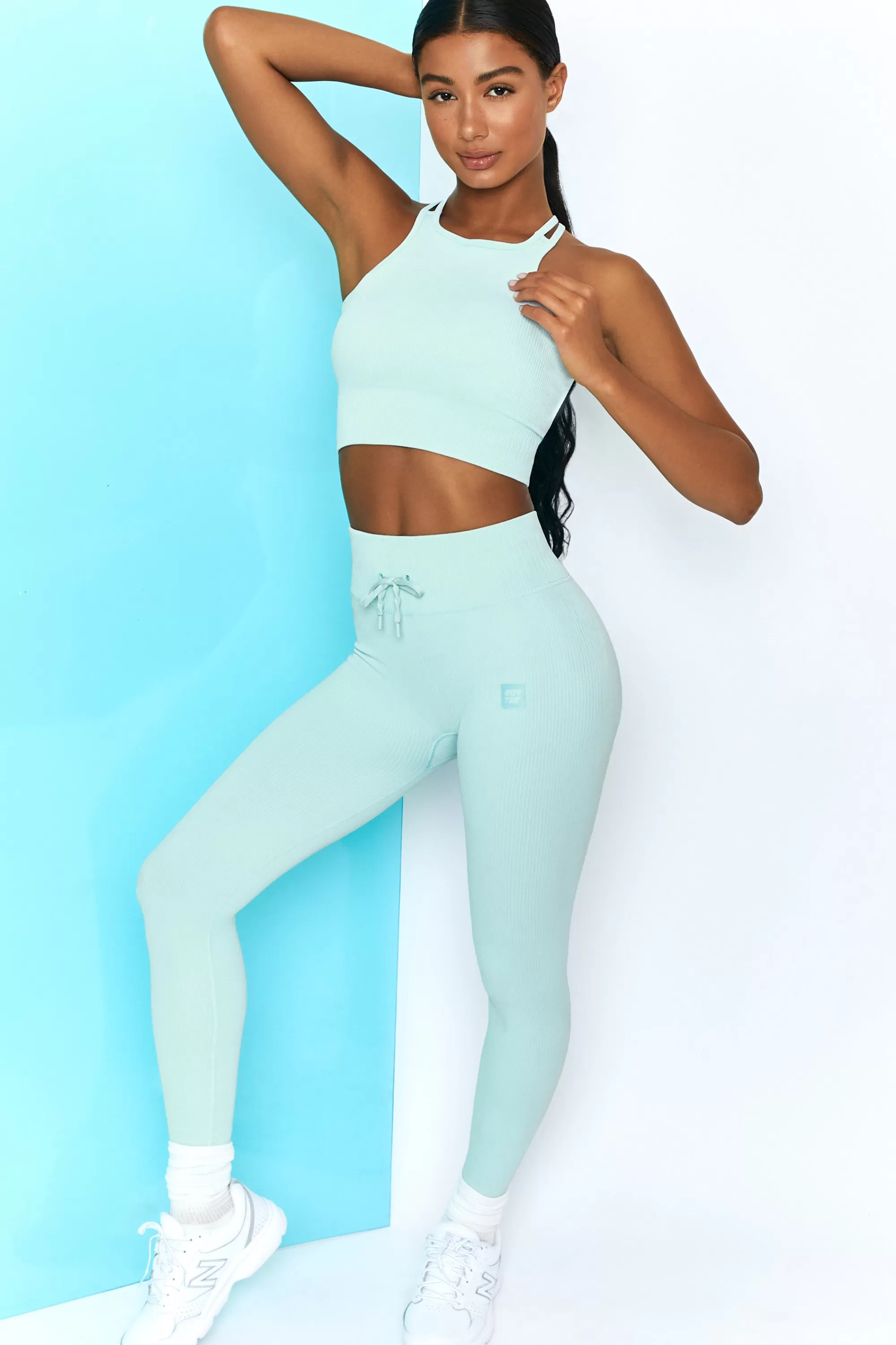 Oh Polly Energise Ribbed Tie Front Full Length Leggings in Light Blue Fashion