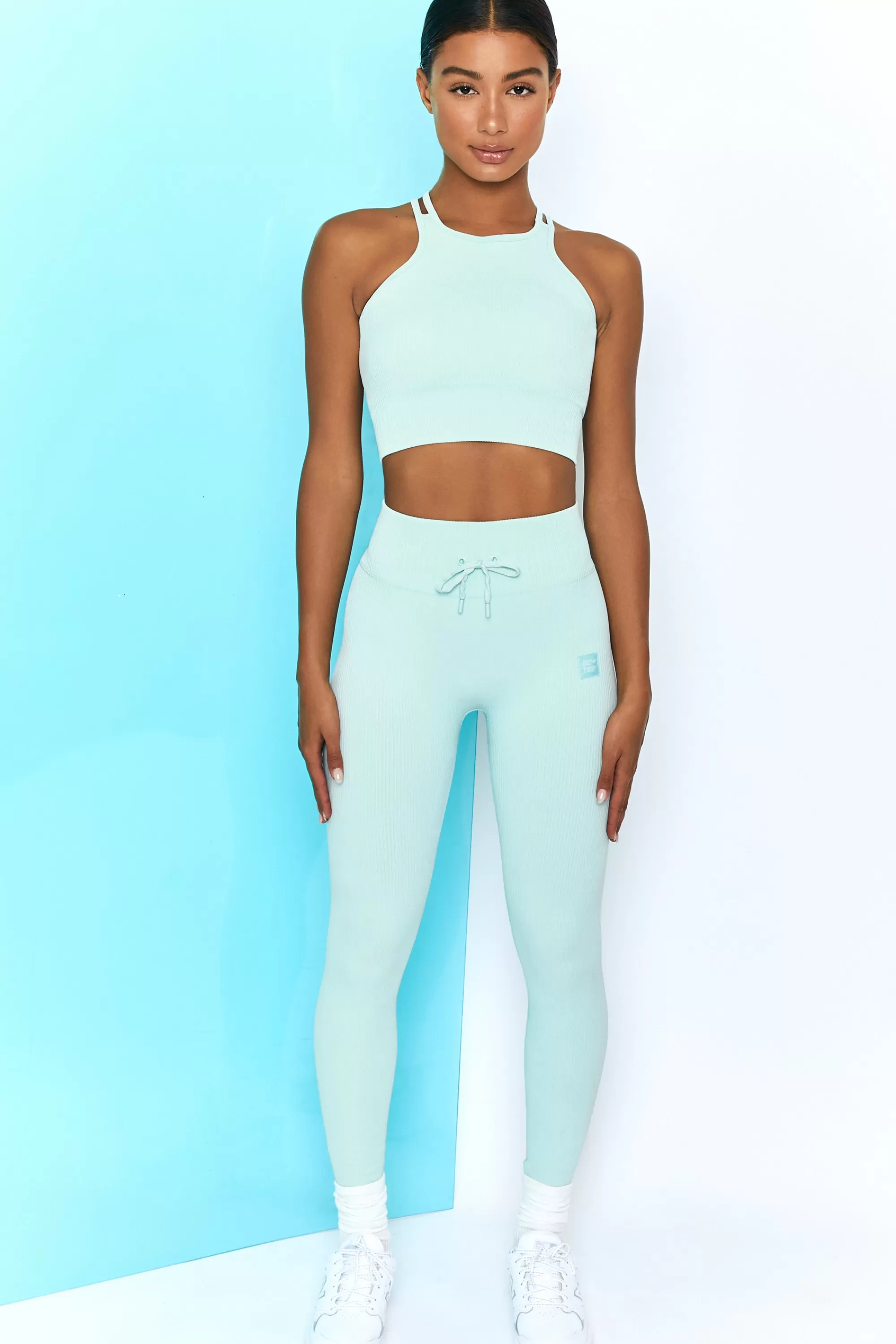 Oh Polly Energise Ribbed Tie Front Full Length Leggings in Light Blue Fashion