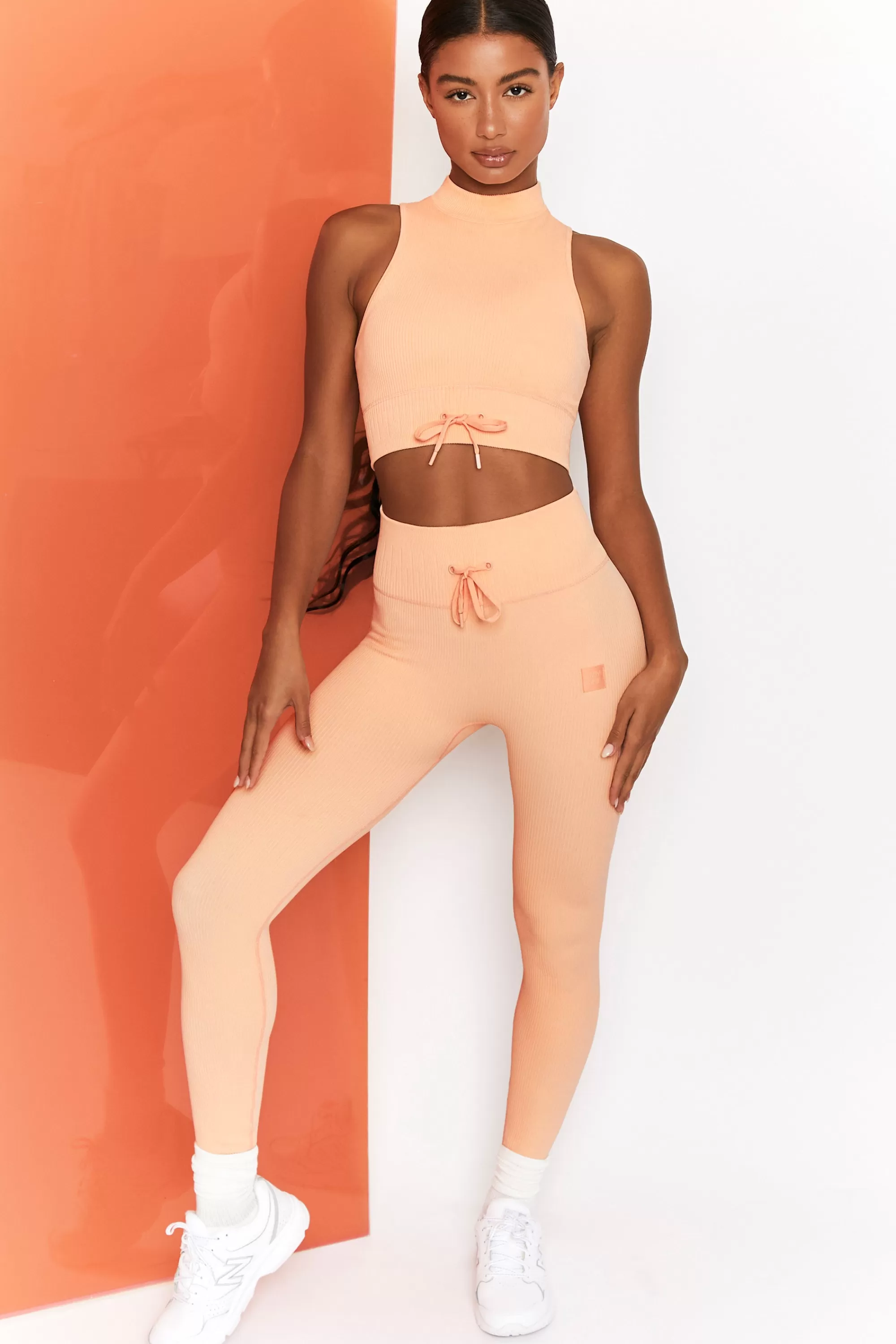 Oh Polly Energise Ribbed Tie Front Full Length Leggings in Peach Fashion