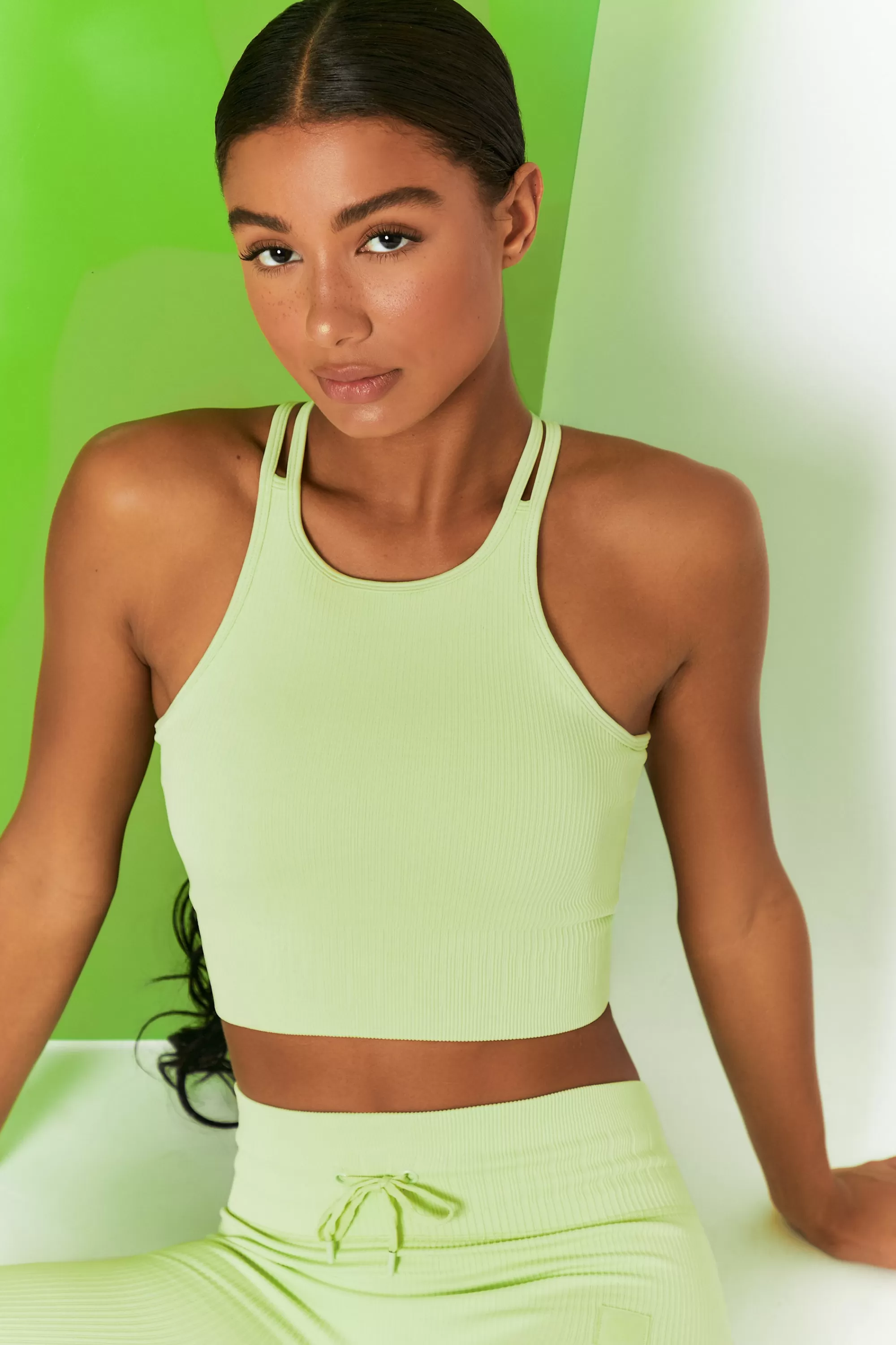 Oh Polly Feel Your Power Ribbed Racer Crop Top in Lime New