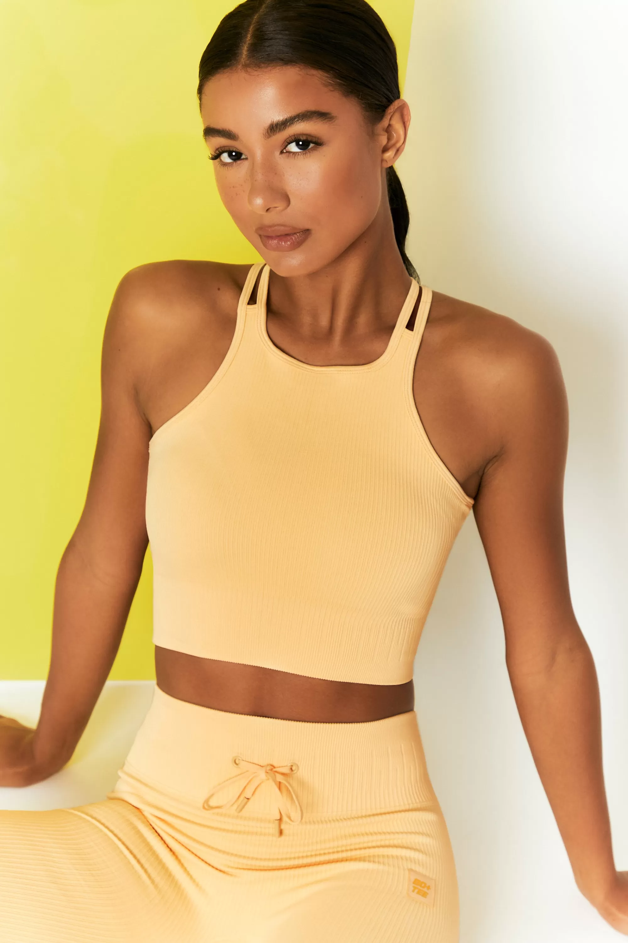 Oh Polly Feel Your Power Ribbed Racer Crop Top in Yellow Discount