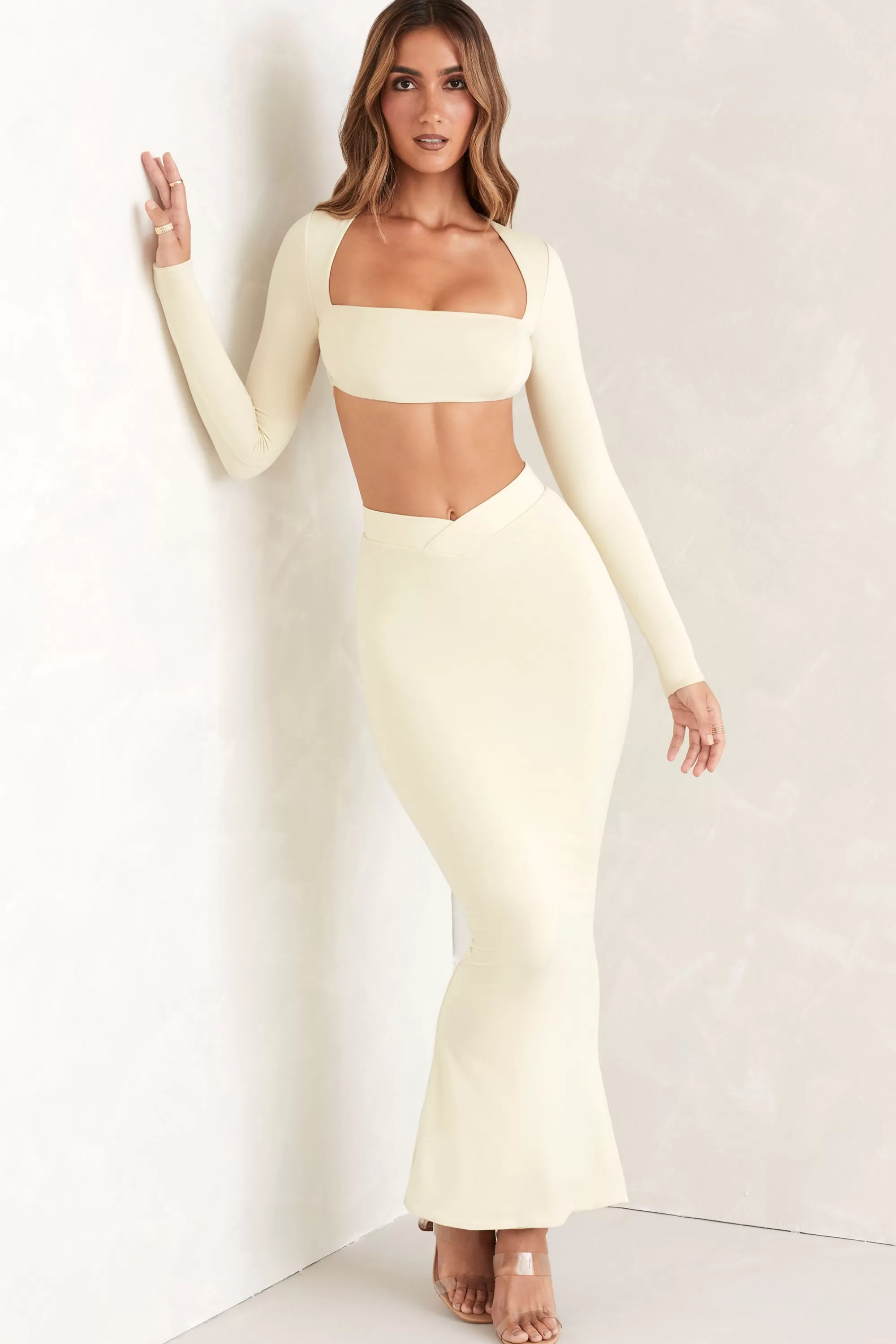 Oh Polly Flared Hem Maxi Skirt in Ivory Sale