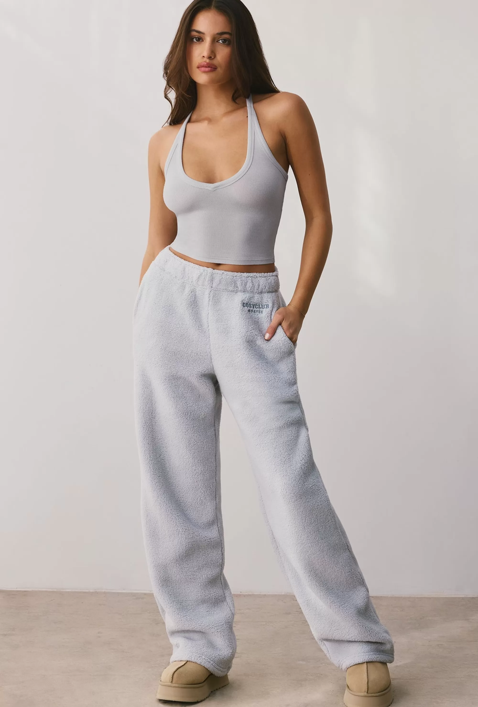 Oh Polly Fleece Wide Leg Joggers in Fog New