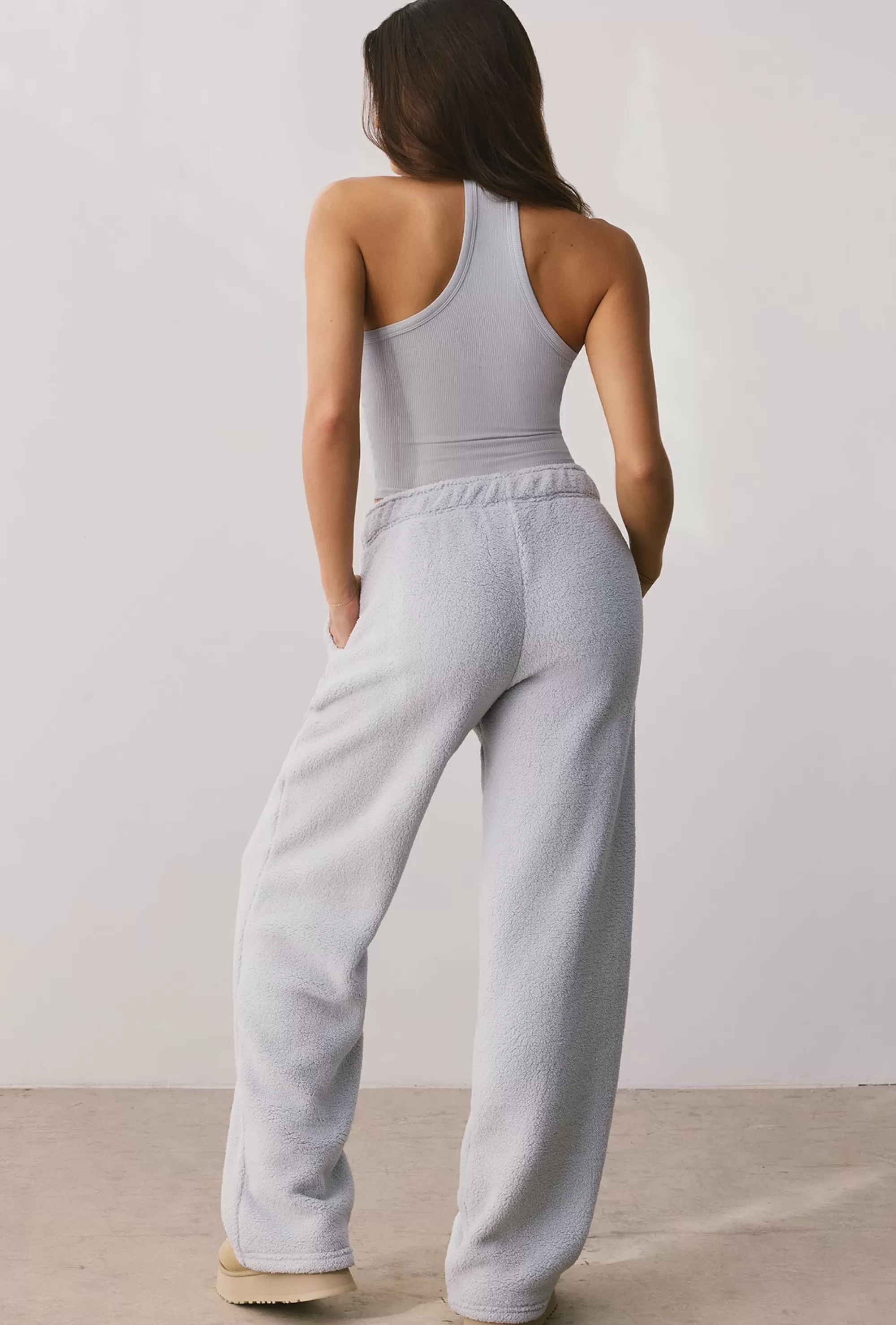 Oh Polly Fleece Wide Leg Joggers in Fog New