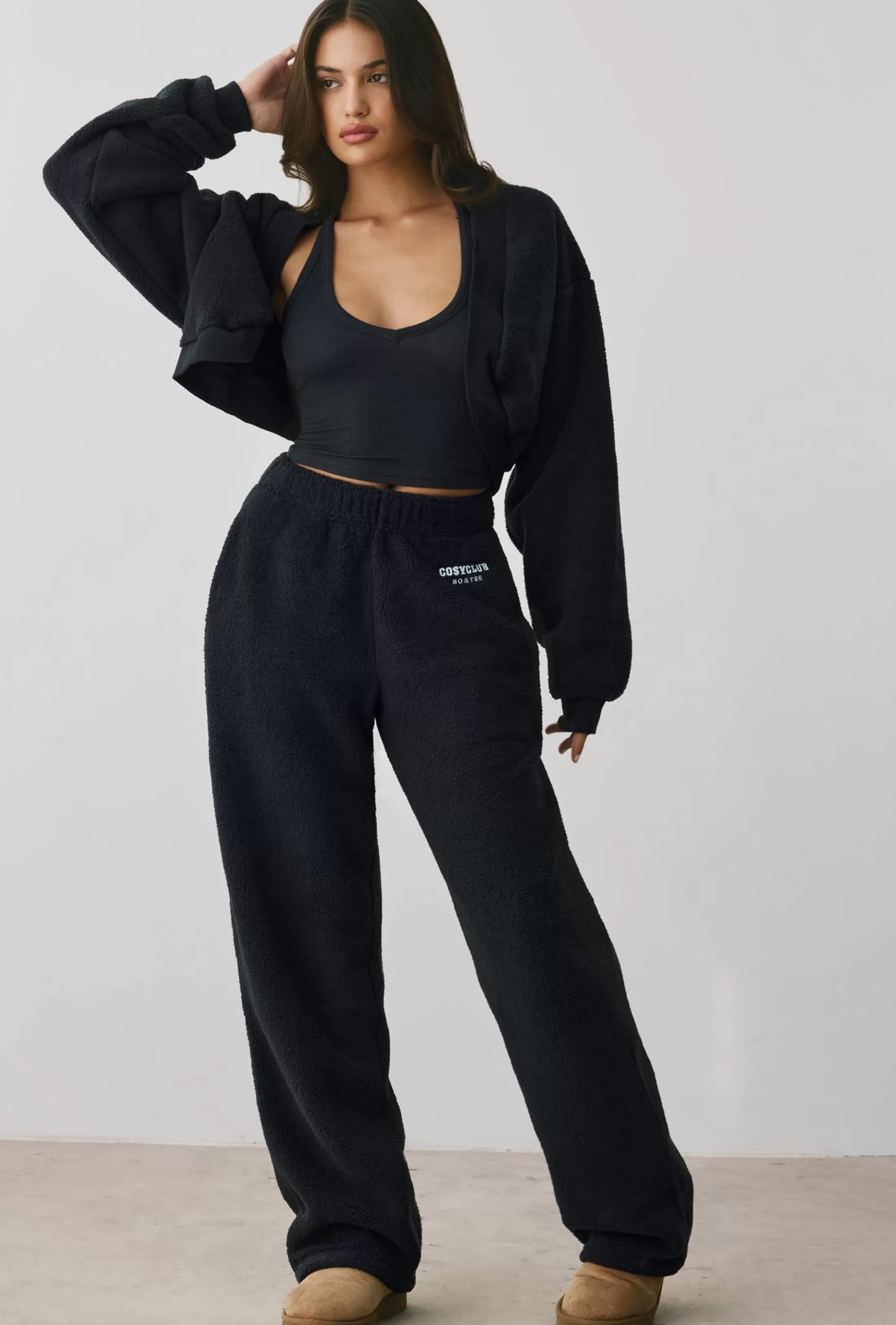 Oh Polly Fleece Wide Leg Joggers in Onyx Sale