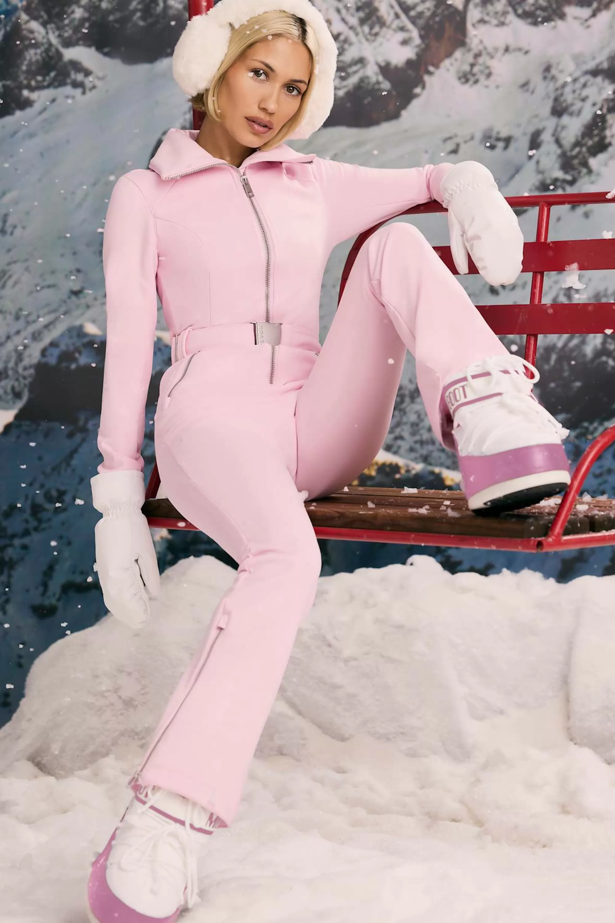 Oh Polly Fleece-Lined Belted Ski Suit in Pastel Pink PastelPink Discount