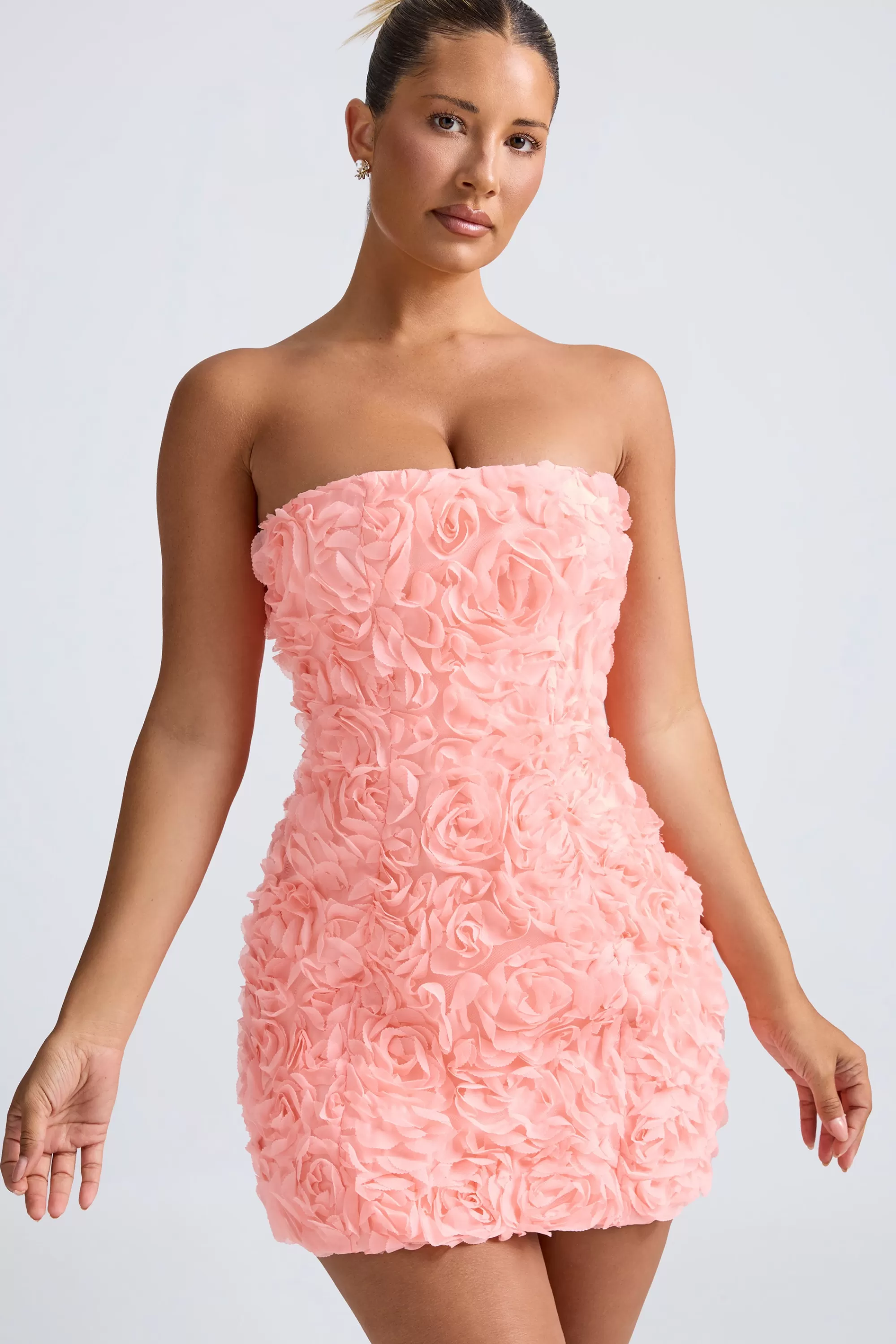 Oh Polly Floral-Appliqué Bandeau A-Line Mini Dress in Coral Clearance