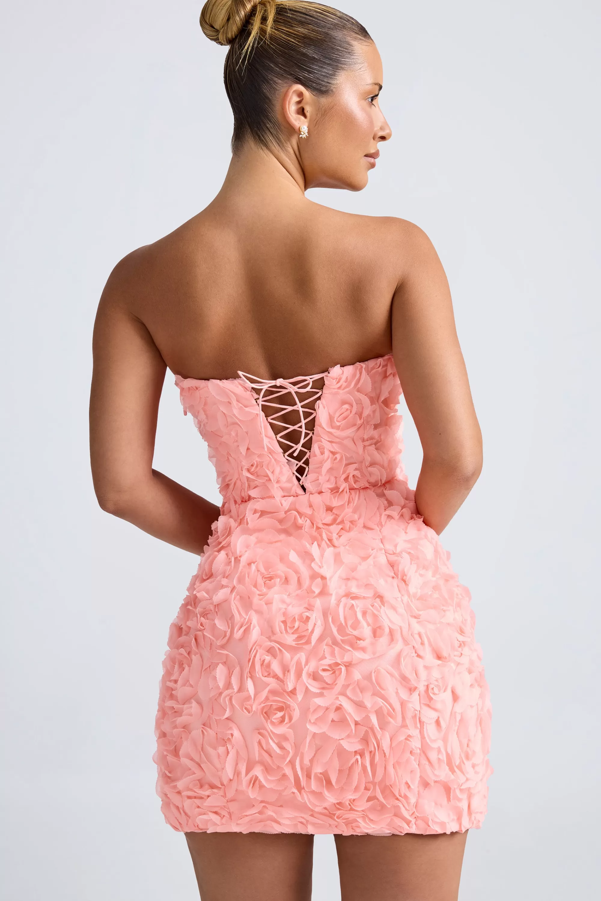 Oh Polly Floral-Appliqué Bandeau A-Line Mini Dress in Coral Clearance