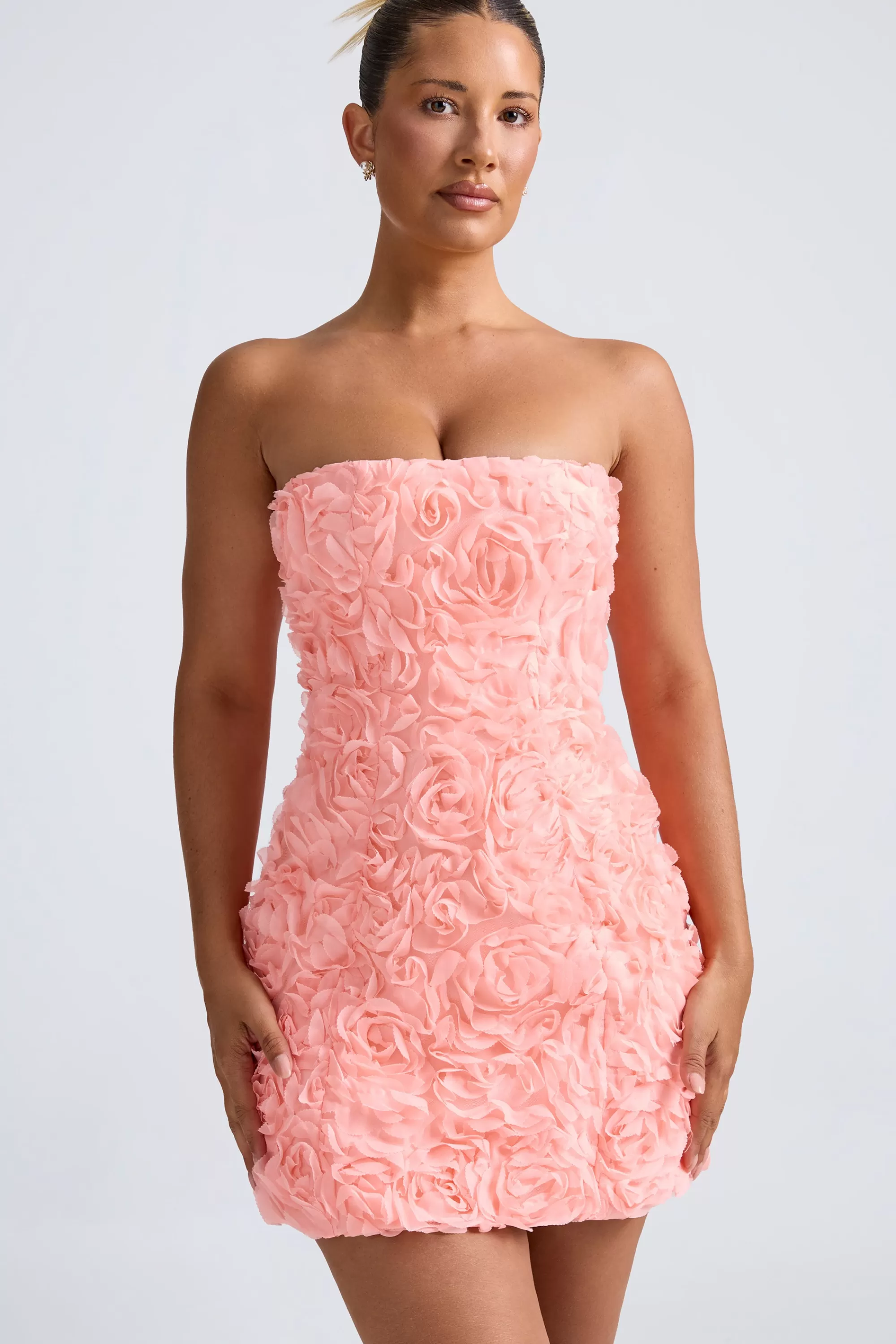 Oh Polly Floral-Appliqué Bandeau A-Line Mini Dress in Coral Clearance