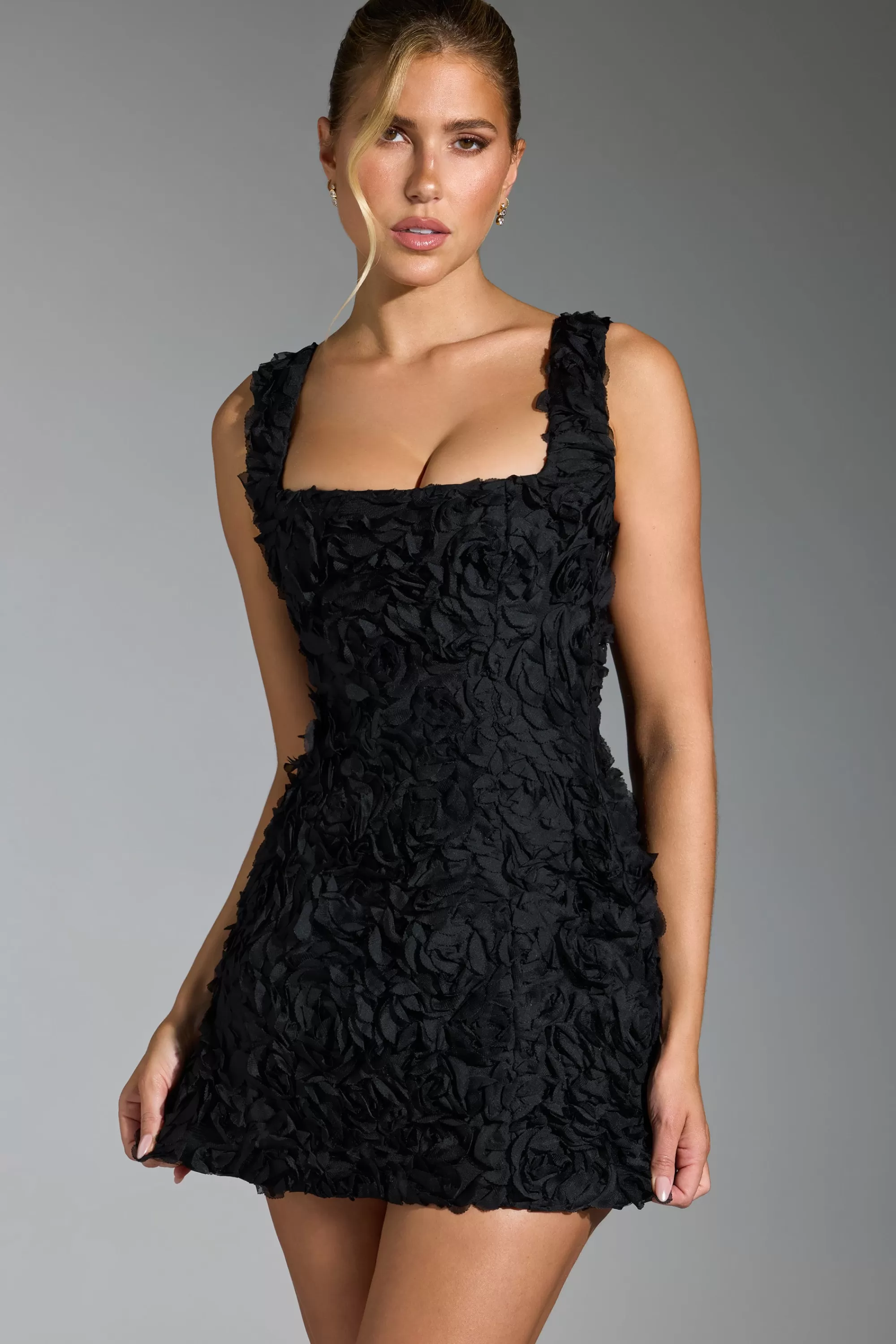 Oh Polly Floral-Appliqué Corset Mini Dress in Black Clearance