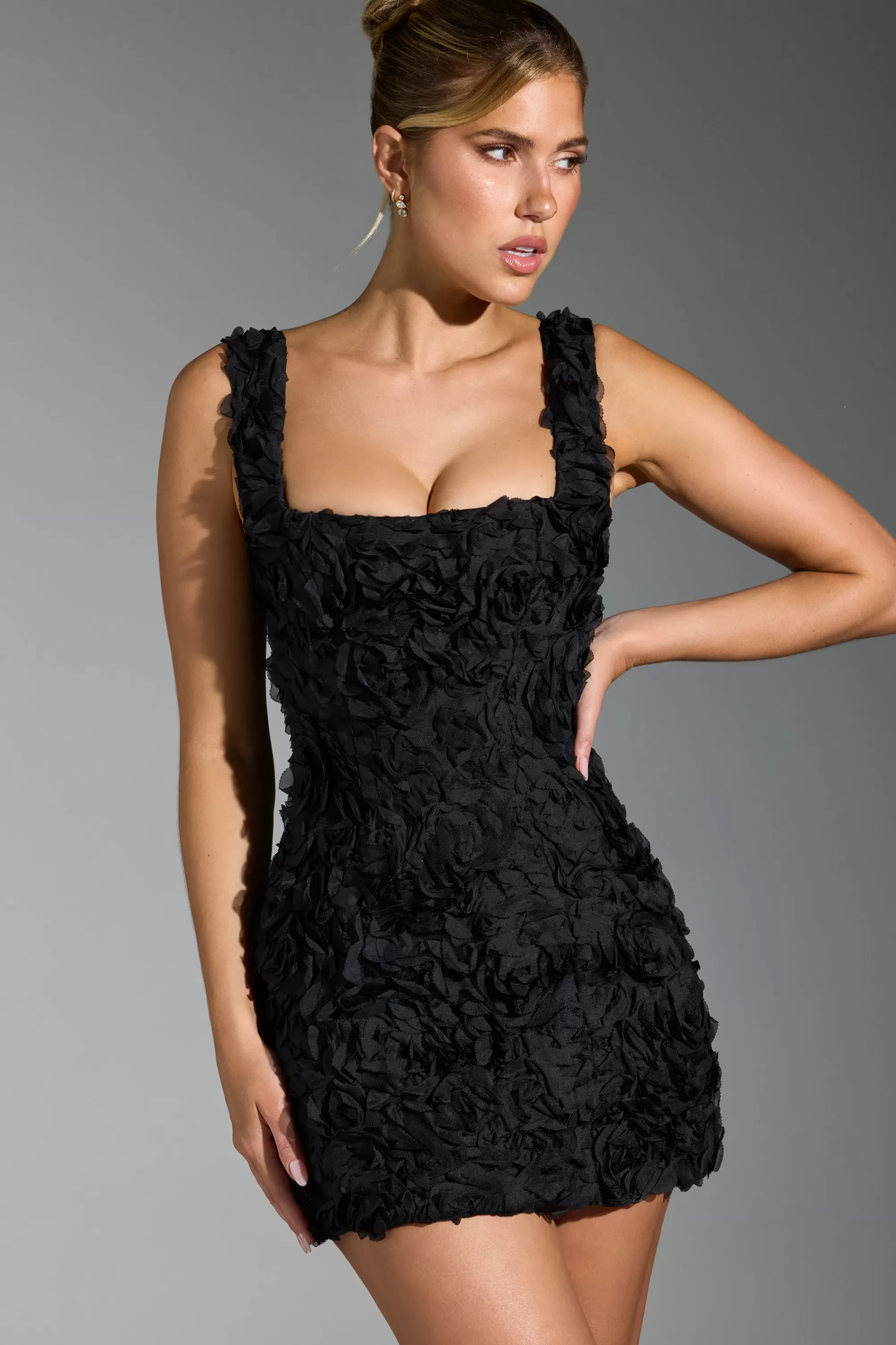Oh Polly Floral-Appliqué Corset Mini Dress in Black Clearance