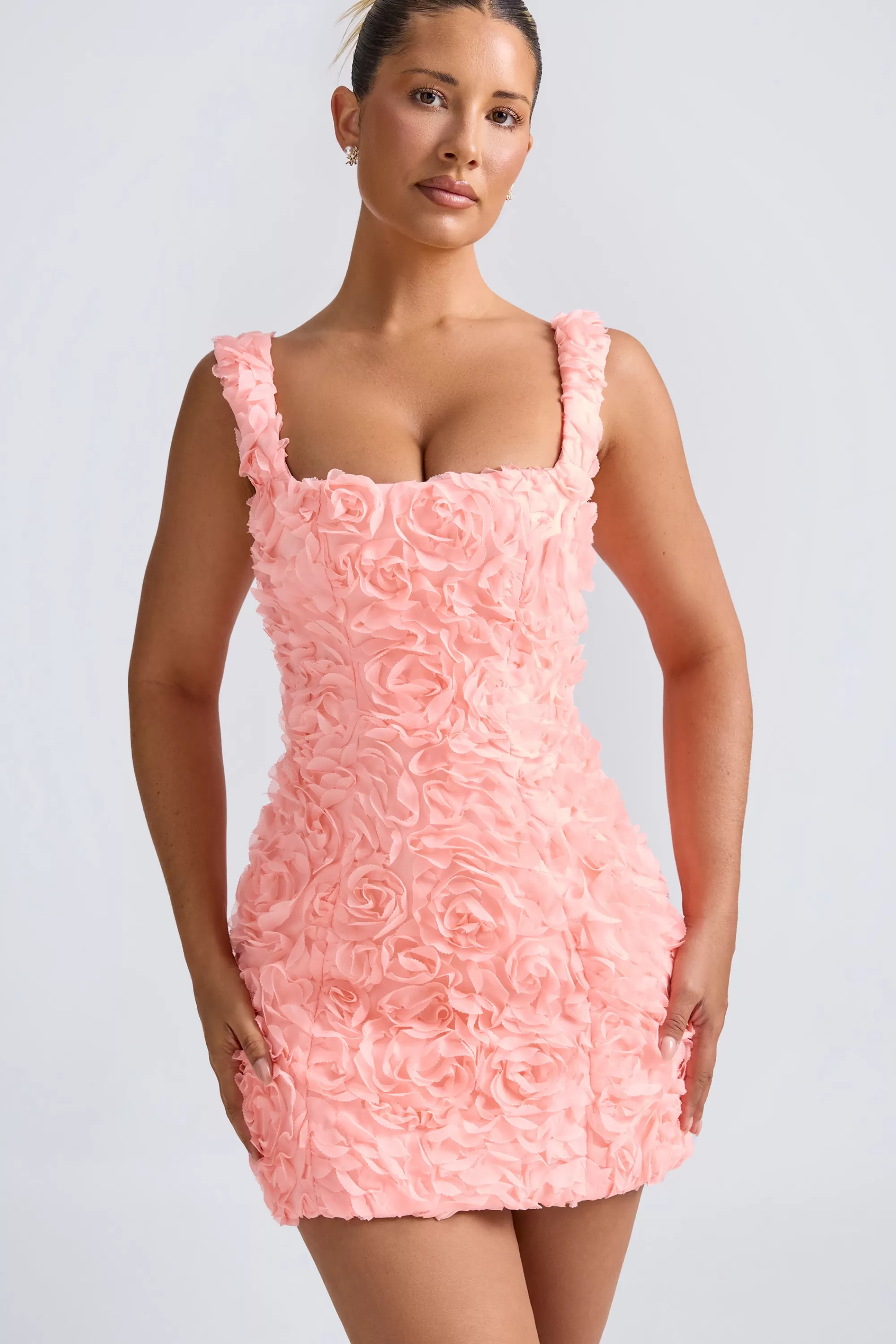 Oh Polly Floral-Appliqué Corset Mini Dress in Coral Sale