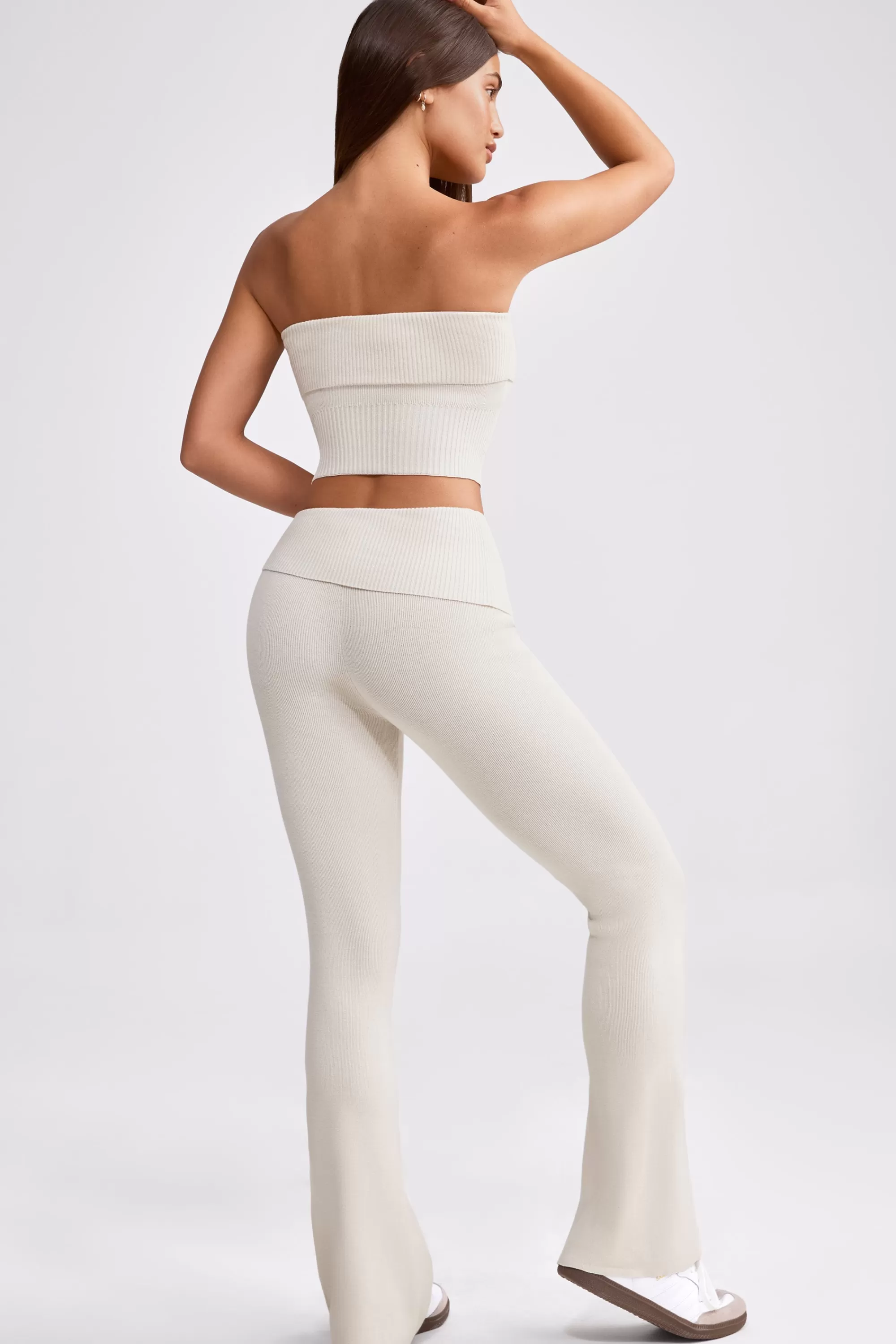 Oh Polly Fold Over Kick Flare Chunky Knit Trousers in Cream Best