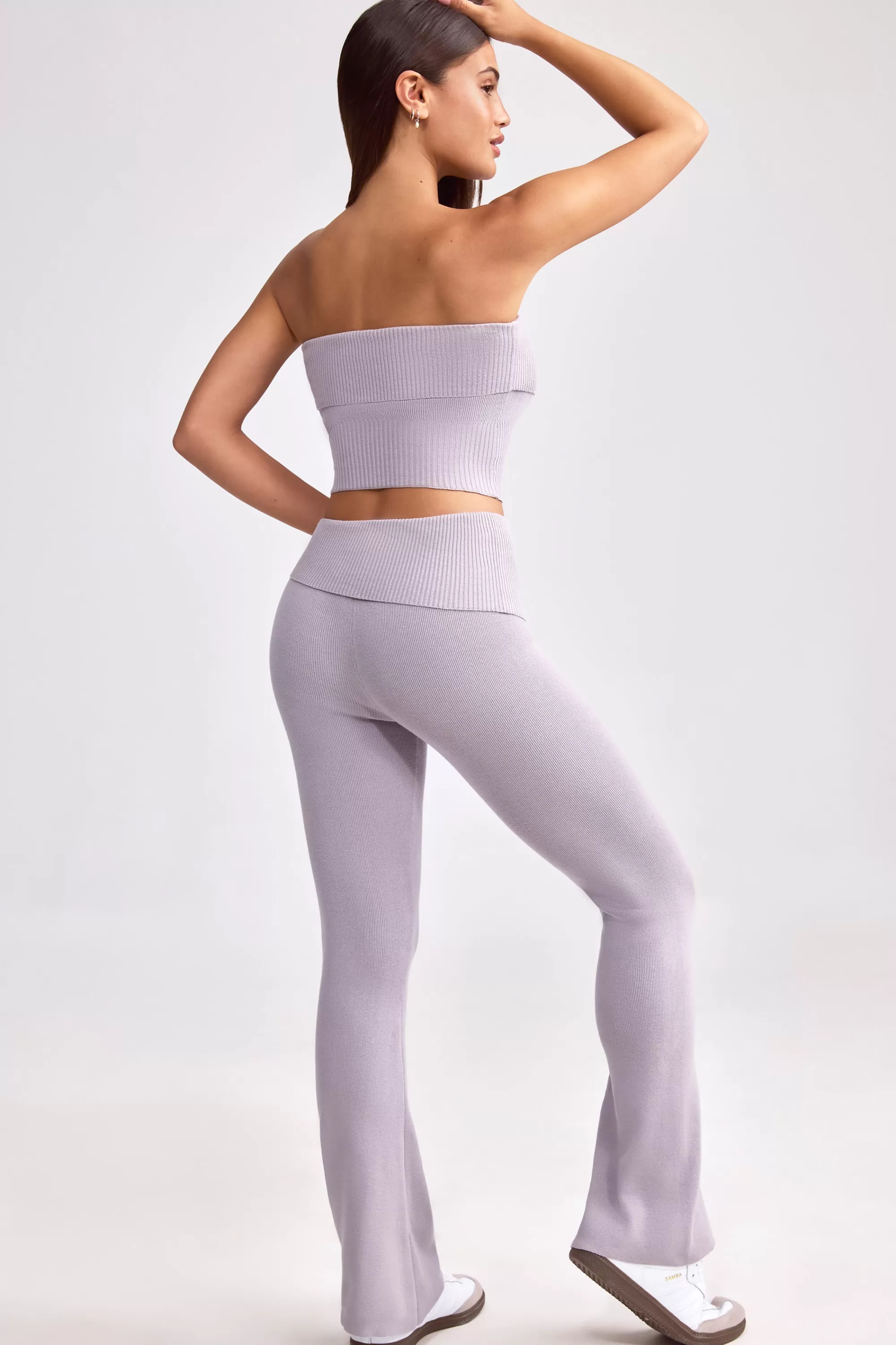 Oh Polly Fold Over Kick Flare Chunky Knit Trousers in Dusty Lavender DustyLavender Shop