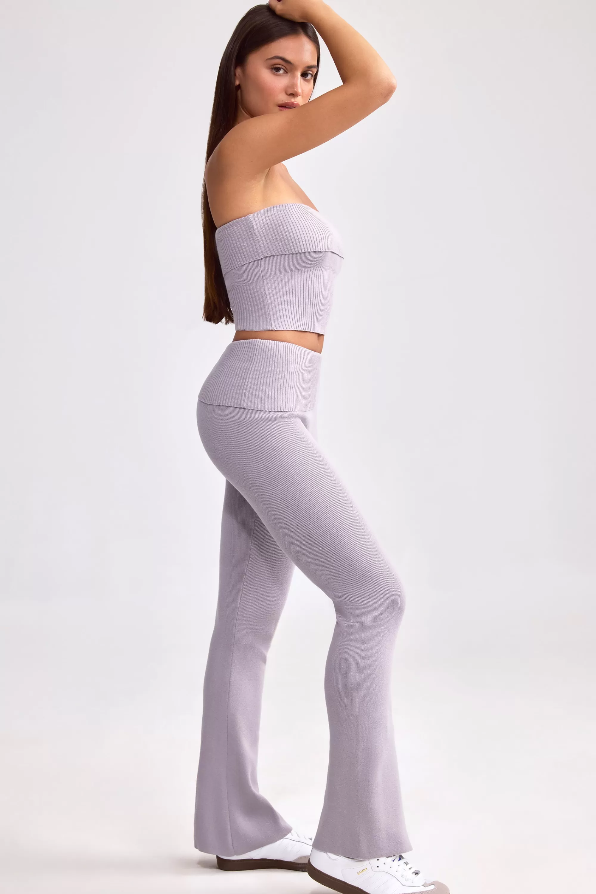 Oh Polly Fold Over Kick Flare Chunky Knit Trousers in Dusty Lavender DustyLavender Shop