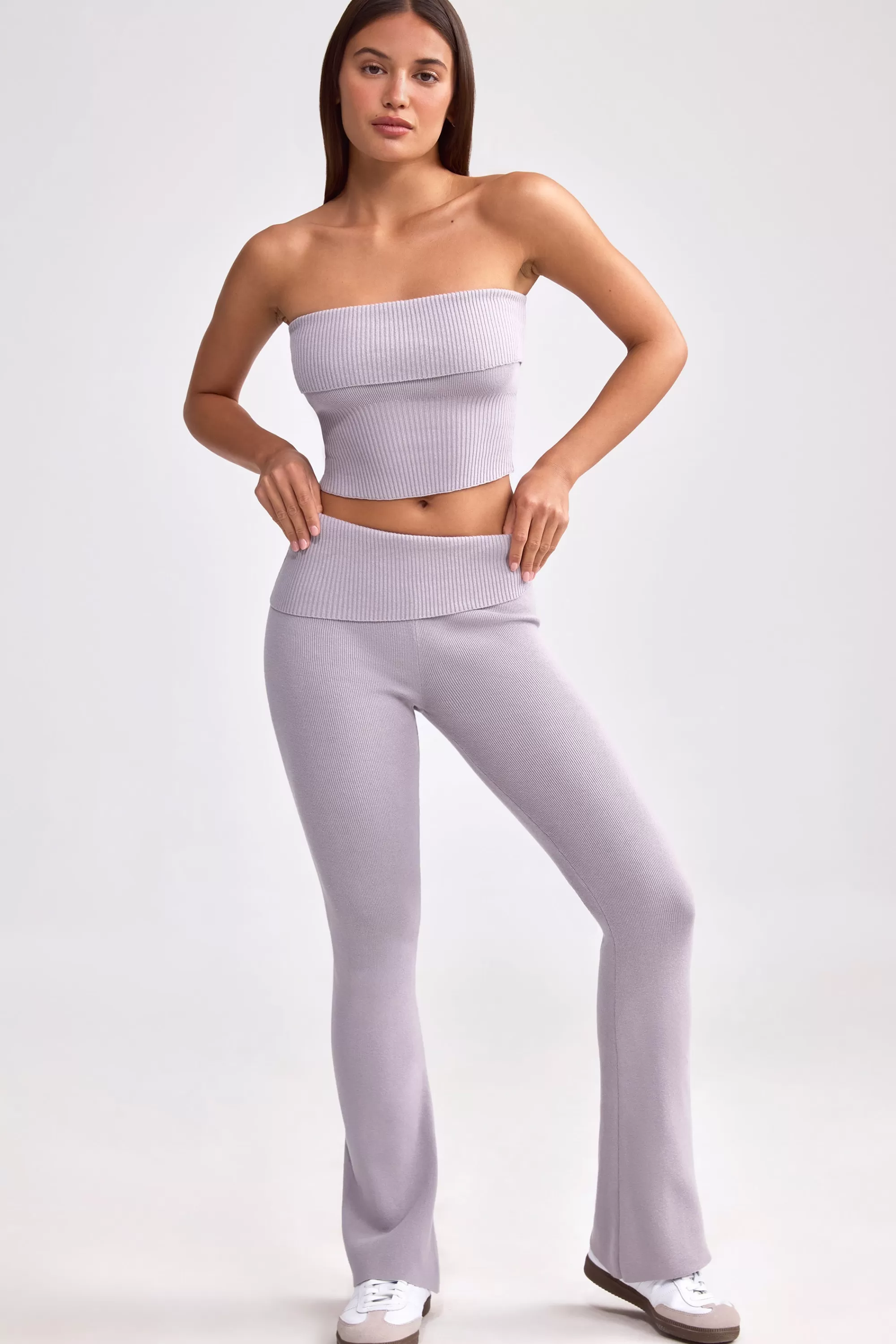Oh Polly Fold Over Kick Flare Chunky Knit Trousers in Dusty Lavender DustyLavender Shop