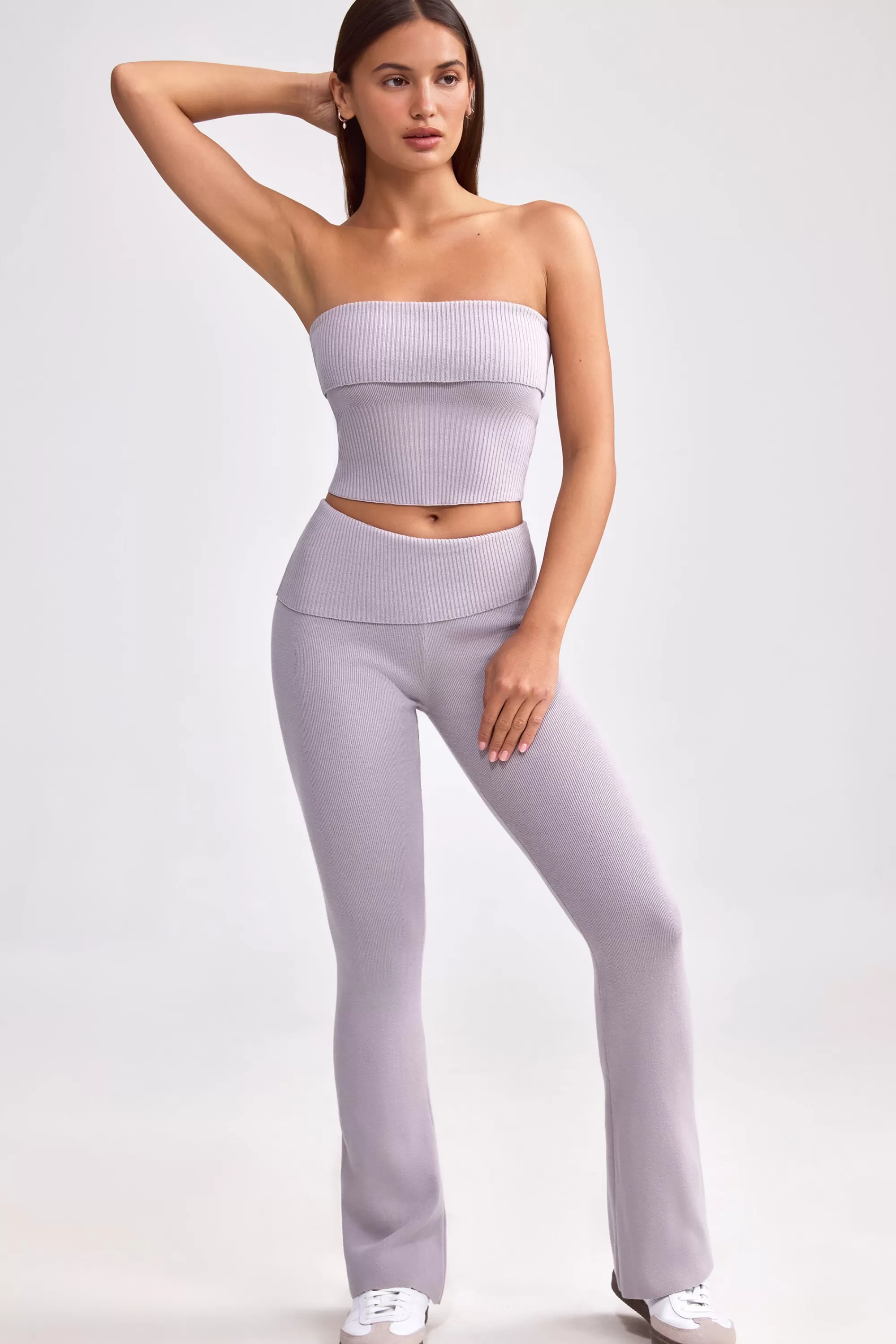 Oh Polly Fold Over Kick Flare Chunky Knit Trousers in Dusty Lavender DustyLavender Shop