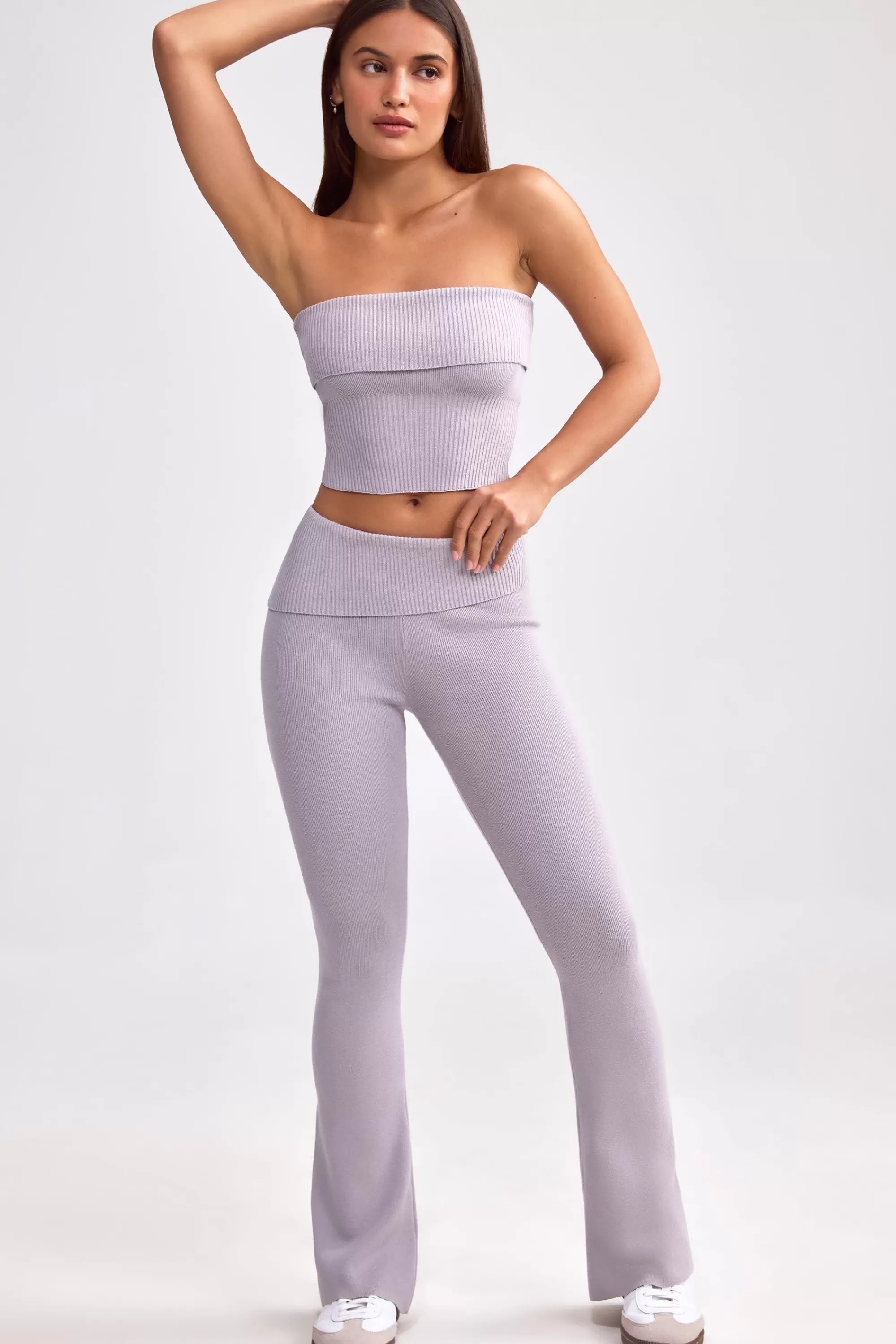 Oh Polly Fold Over Kick Flare Chunky Knit Trousers in Dusty Lavender DustyLavender Shop