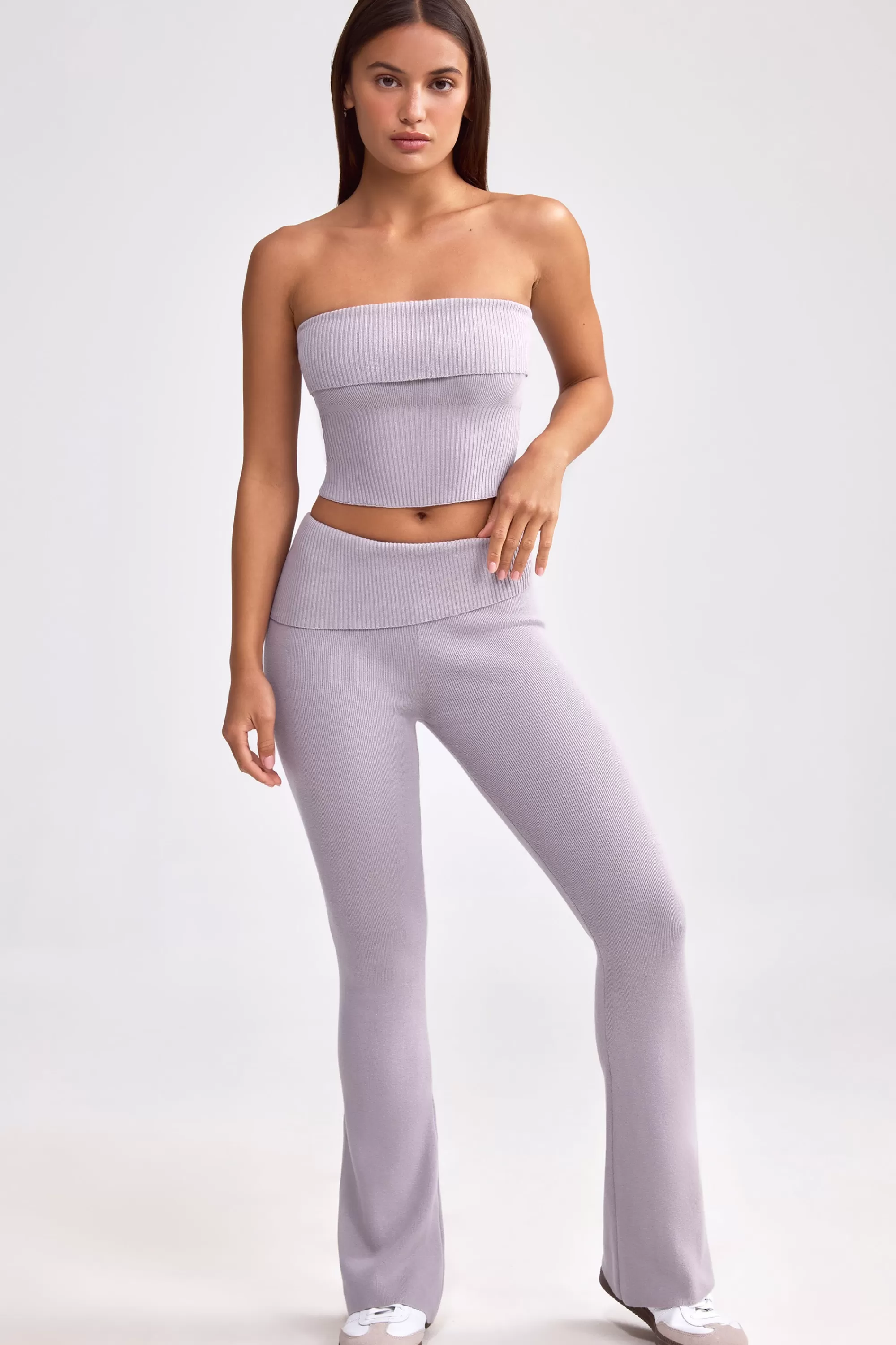 Oh Polly Fold Over Kick Flare Chunky Knit Trousers in Dusty Lavender DustyLavender Shop