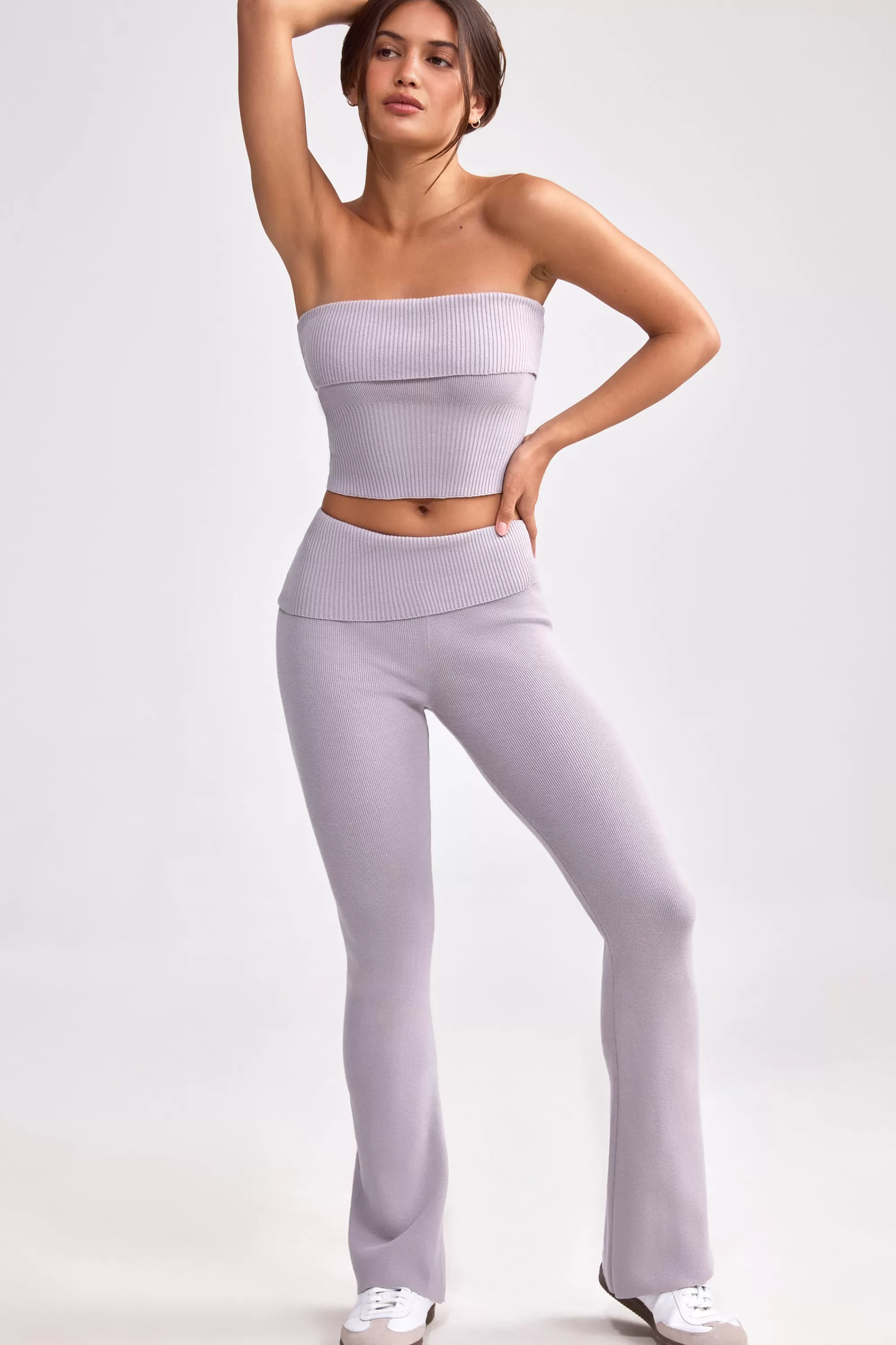 Oh Polly Fold Over Kick Flare Chunky Knit Trousers in Dusty Lavender DustyLavender Shop