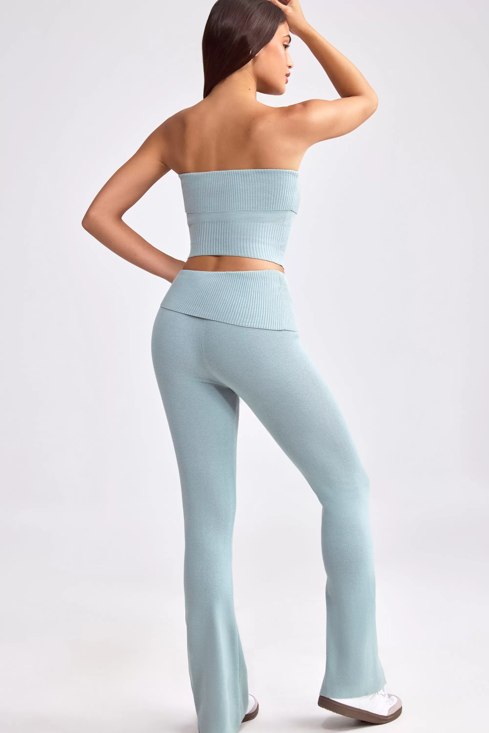 Oh Polly Fold Over Kick Flare Chunky Knit Trousers in Dusty Teal DustyTeal Discount