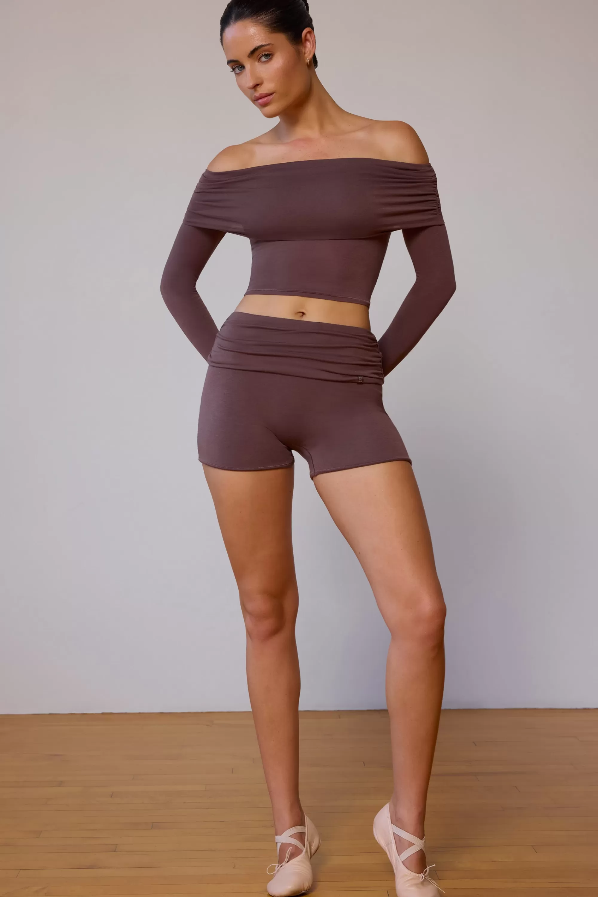 Oh Polly Fold-Over Mini Shorts in Taupe Brown TaupeBrown Sale