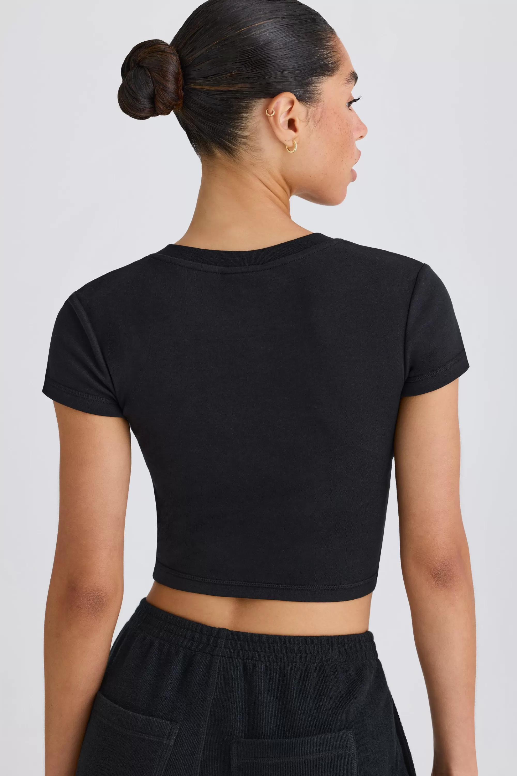 Oh Polly Graphic-Print Cropped T-Shirt in Black Clearance