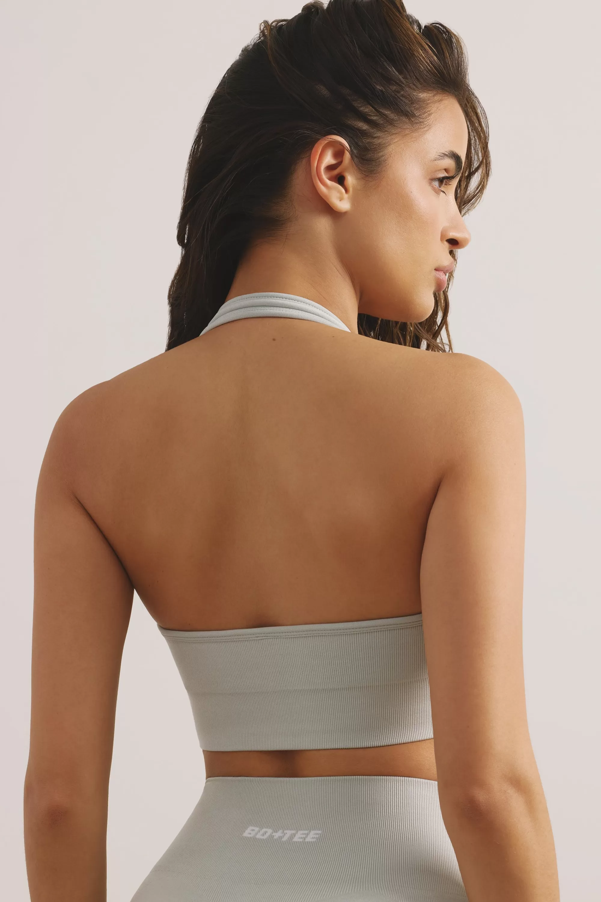 Oh Polly Halter Neck Define Luxe Sports Bra in Light Grey Outlet