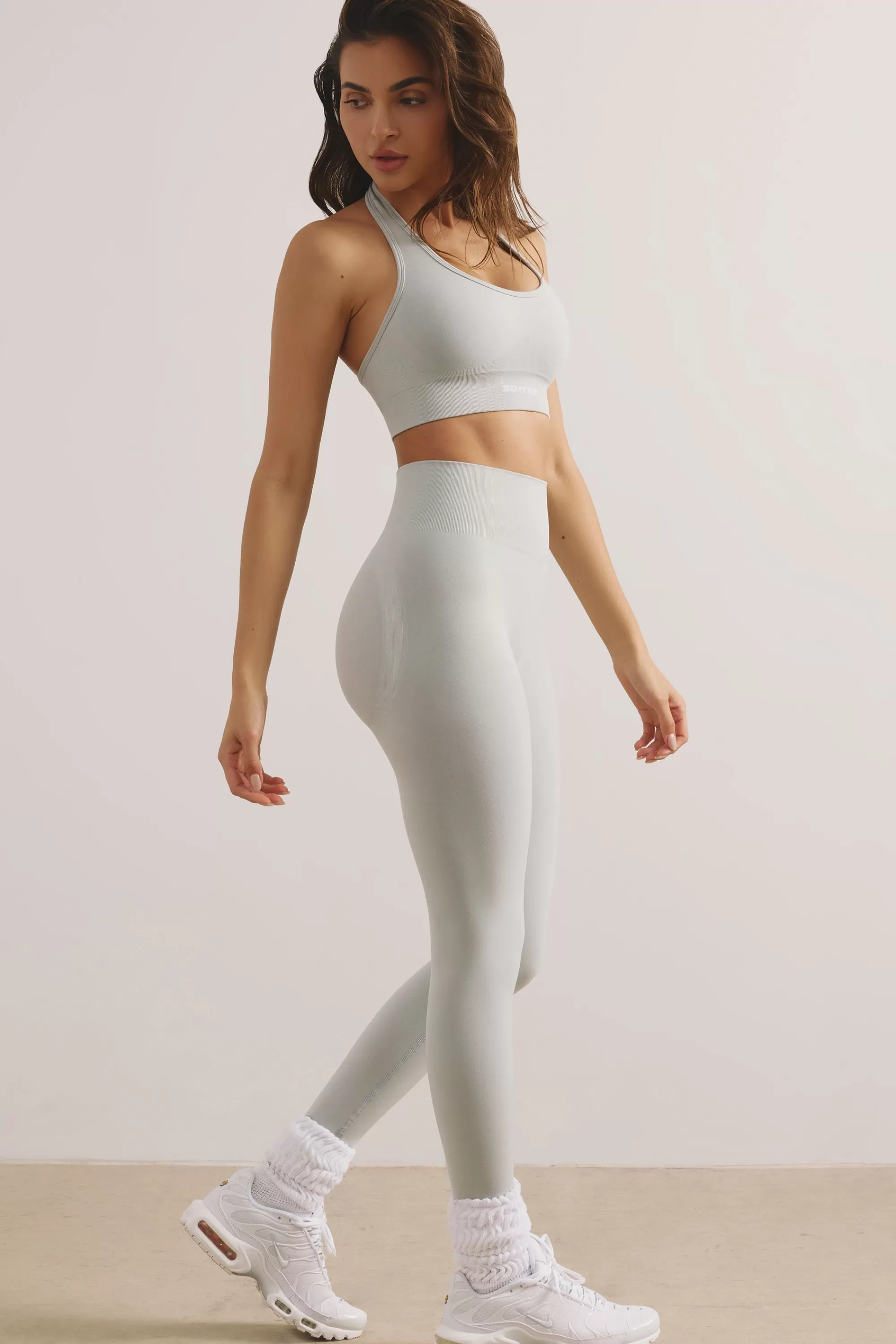 Oh Polly Halter Neck Define Luxe Sports Bra in Light Grey Outlet