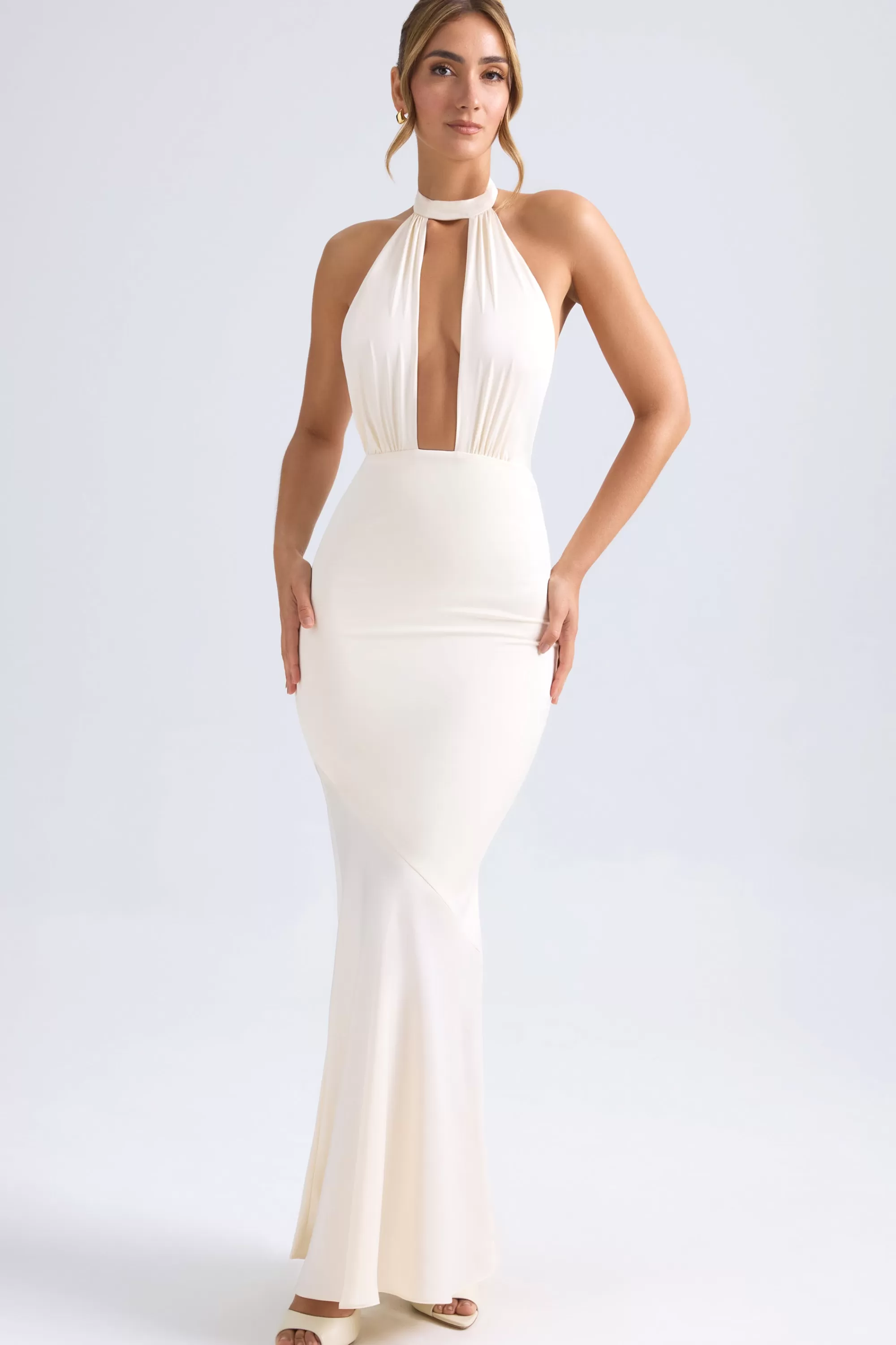 Oh Polly Halterneck Fishtail Gown in Ivory Outlet