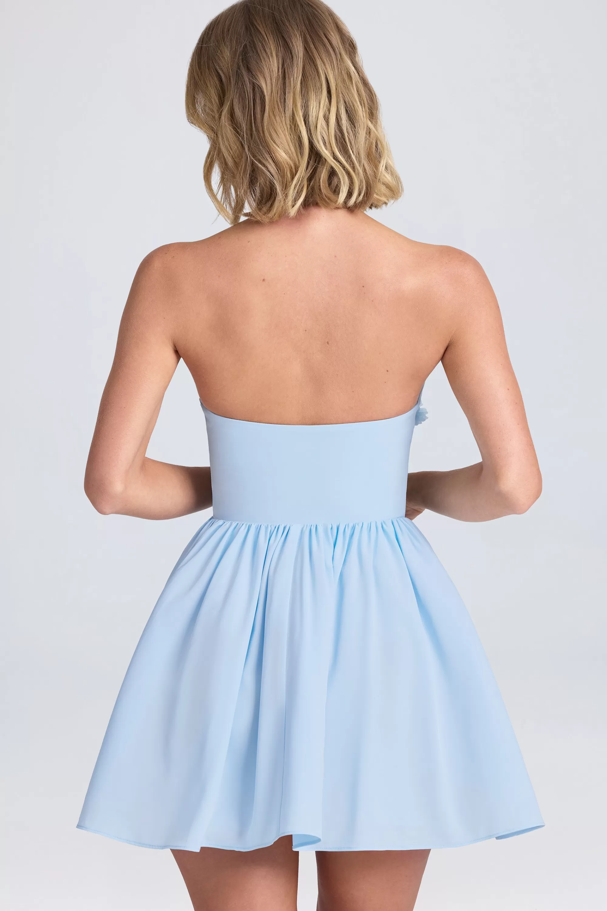 Oh Polly Halterneck Floral-Appliqué Corset Mini Dress in Powder Blue PowderBlue Sale