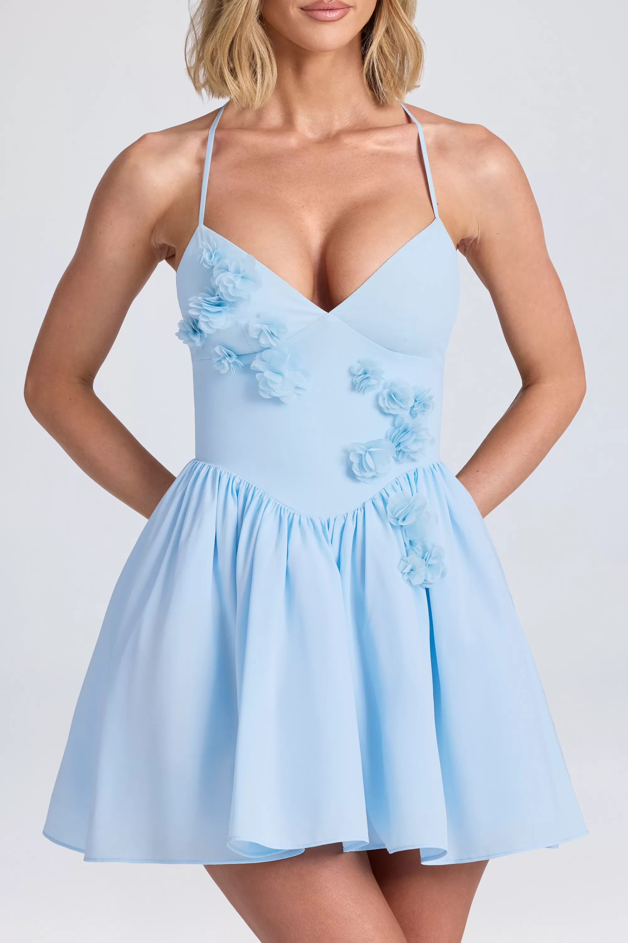 Oh Polly Halterneck Floral-Appliqué Corset Mini Dress in Powder Blue PowderBlue Sale