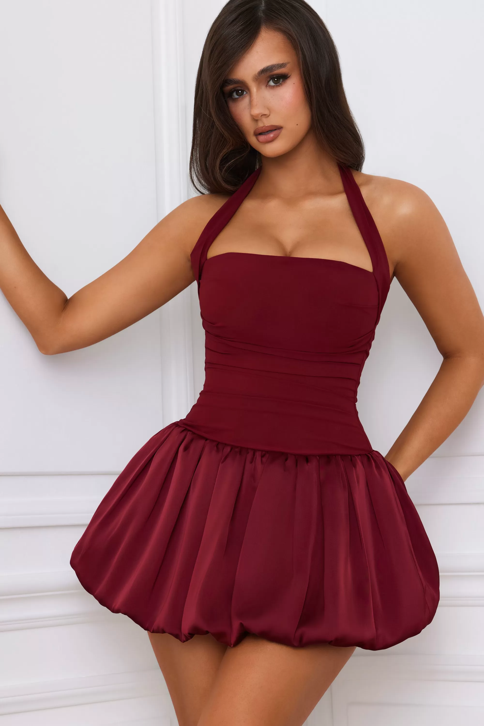 Oh Polly Halterneck Lace-Up Bubble Hem Corset Micro Mini Dress in Berry Red BerryRed Best Sale