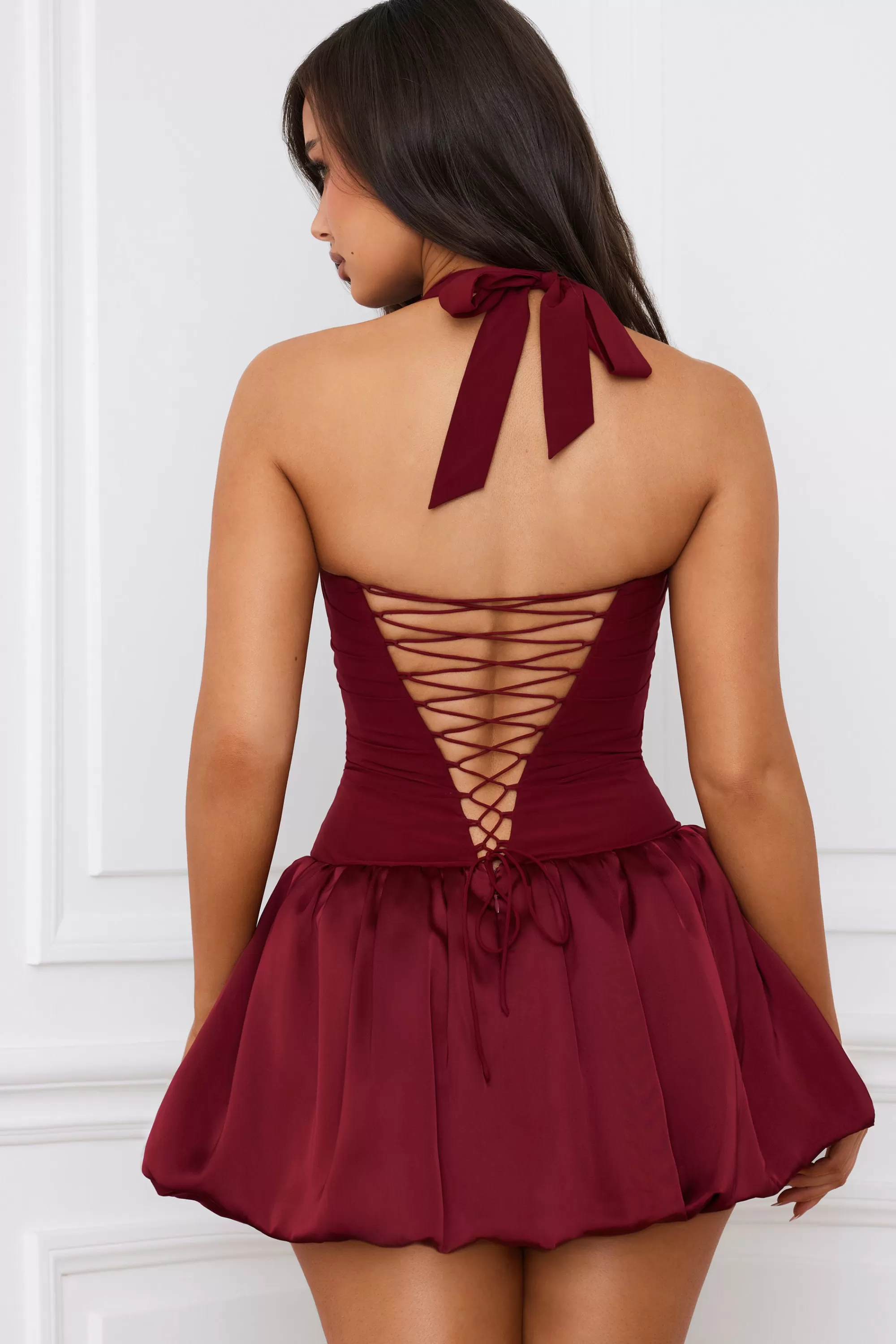 Oh Polly Halterneck Lace-Up Bubble Hem Corset Micro Mini Dress in Berry Red BerryRed Best Sale