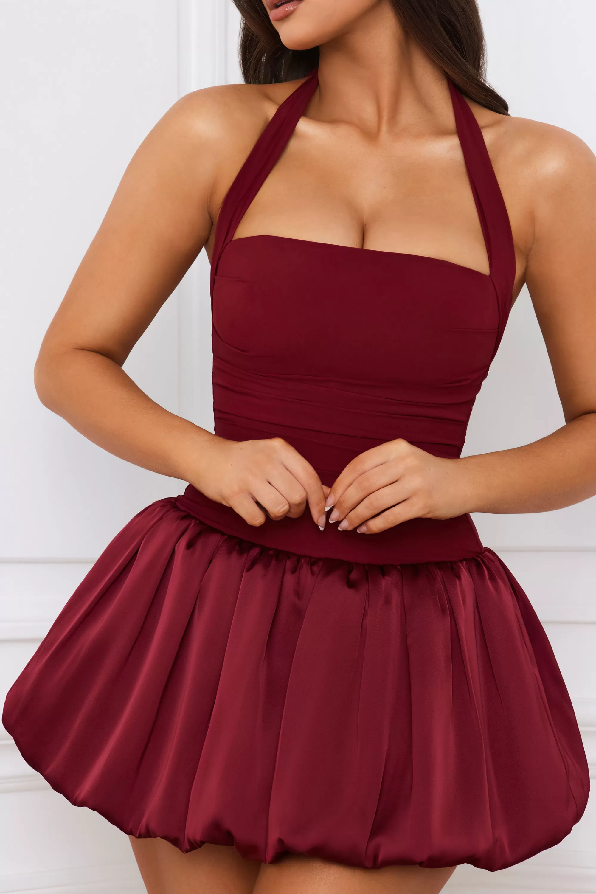 Oh Polly Halterneck Lace-Up Bubble Hem Corset Micro Mini Dress in Berry Red BerryRed Best Sale