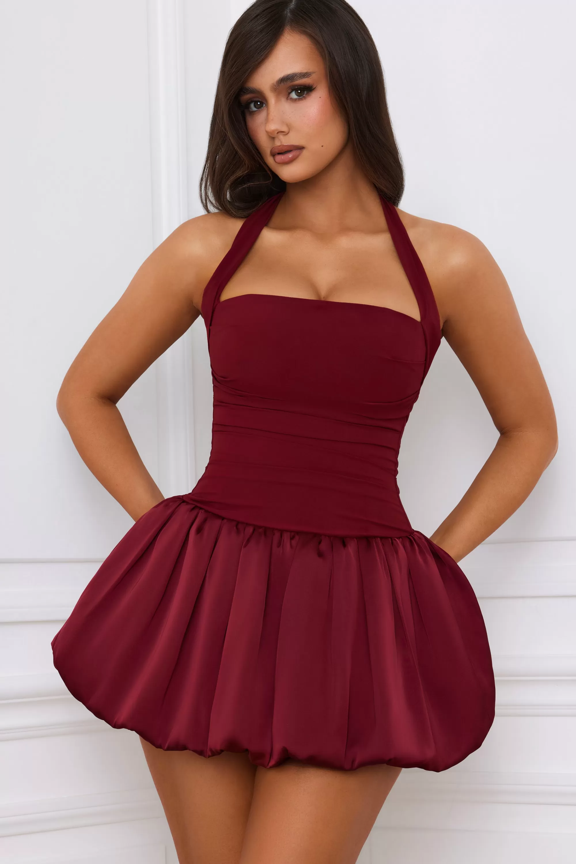 Oh Polly Halterneck Lace-Up Bubble Hem Corset Micro Mini Dress in Berry Red BerryRed Best Sale